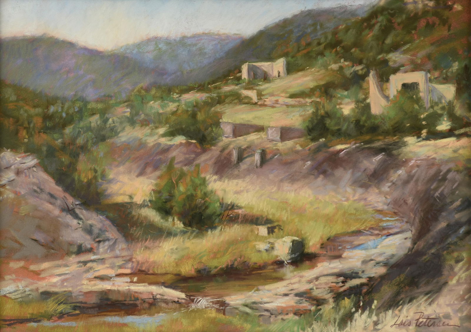 LOIS PETERSEN(American 20TH/21ST CENTURY) "Berwind Canyon - Coal Camp Remains," 20TH/21ST CENTURY,: LOIS PETERSEN(American 20TH/21ST CENTURY) "Berwind Canyon - Coal Camp Remains," 20TH/21ST CENTURY, pastel on board, signed lower right, "Lois Petersen." 12 x 17 in. (30.5 x 43.2 cm.), Frame: 20 x 25 i