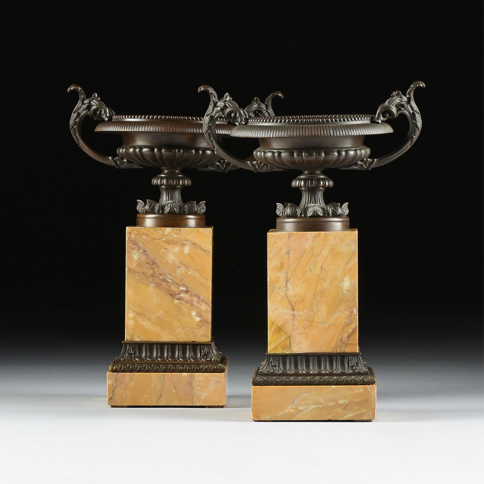 A PAIR OF BRONZE AND SIENA MARBLE TAZZAS, PROBABLY ITALIAN, 19TH CENTURY, (1 of 8)