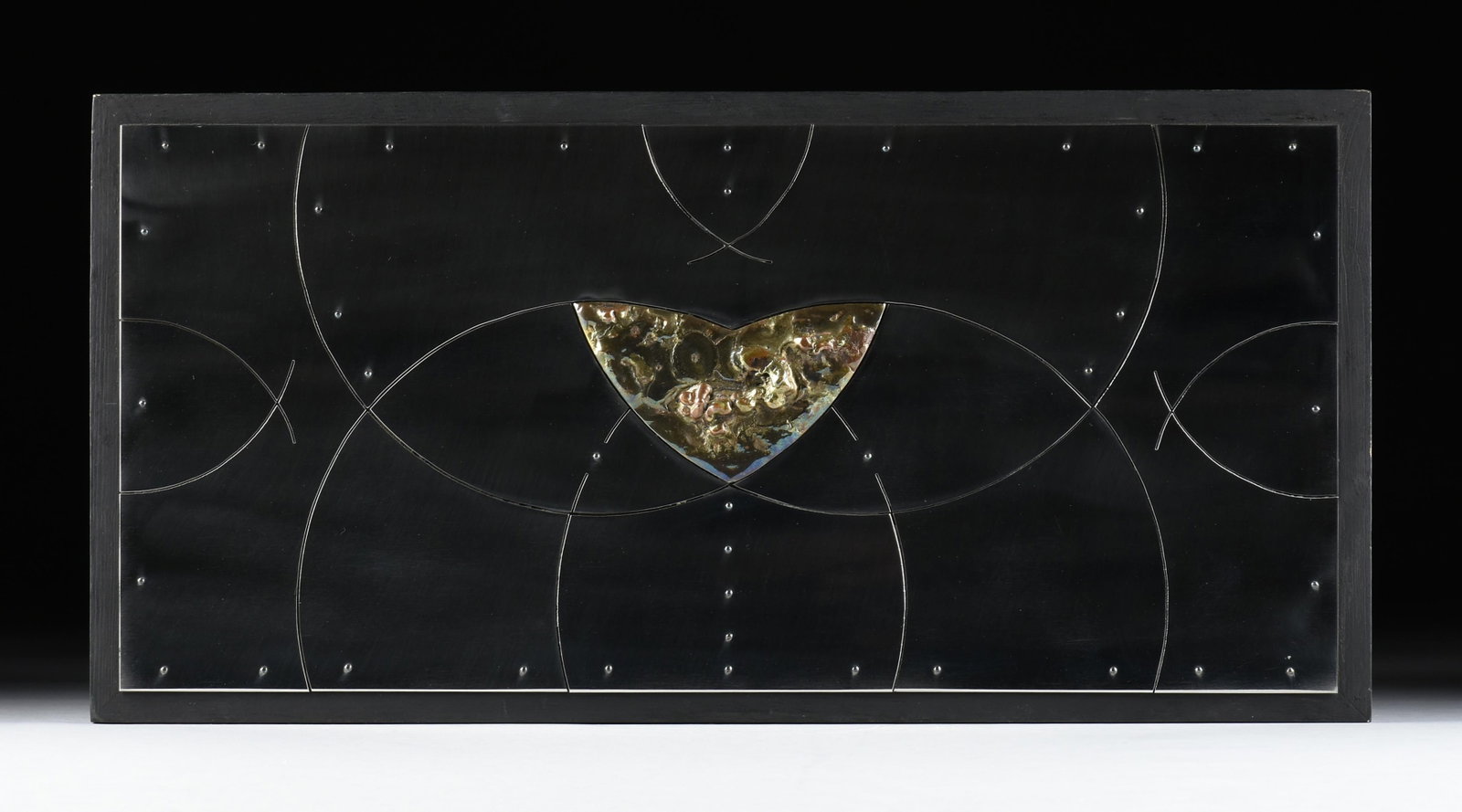 JOE STERNBERG (American/Texas 1923-2021) "Heart Beat II," 1977,: JOE STERNBERG (American/Texas 1923-2021) "Heart Beat II," 1977, polished steel and metal on wood panel, signed, titled, and dated on back, "Joe Sternberg / Heart Beat II / 1977." 14 1/2 x 29 1/2 in. (
