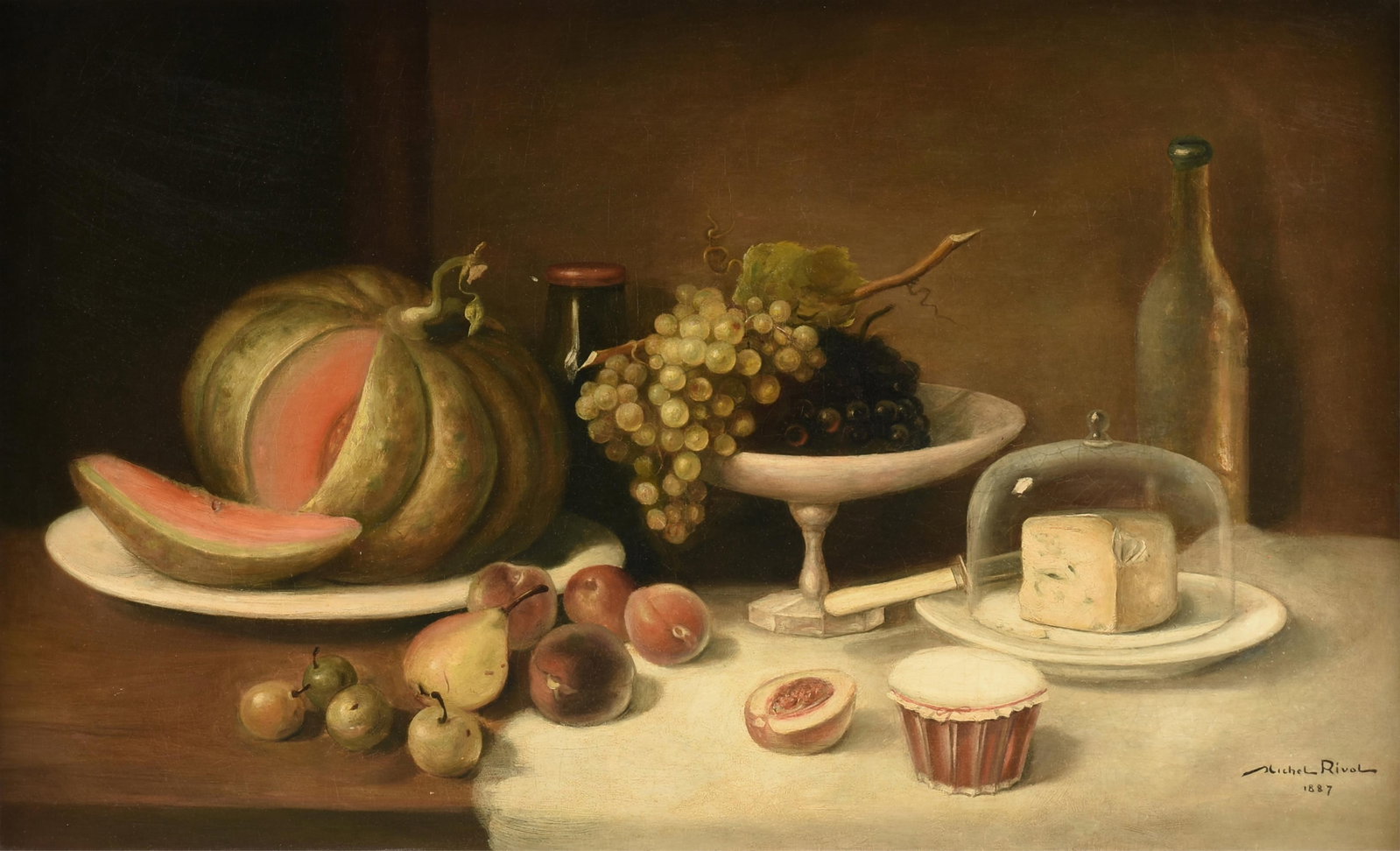 MICHEL RIVOL (French) "Still Life with Fruit and Cheese," 1887,: MICHEL RIVOL (French) "Still Life with Fruit and Cheese," 1887, oil on canvas, signed and dated lower right, "Michel Rivol / 1887." 21 1/2 x 35 in. (54.6 x 88.9 cm.), Frame: 29 1/4 x 42 3/4 in. (74.3 