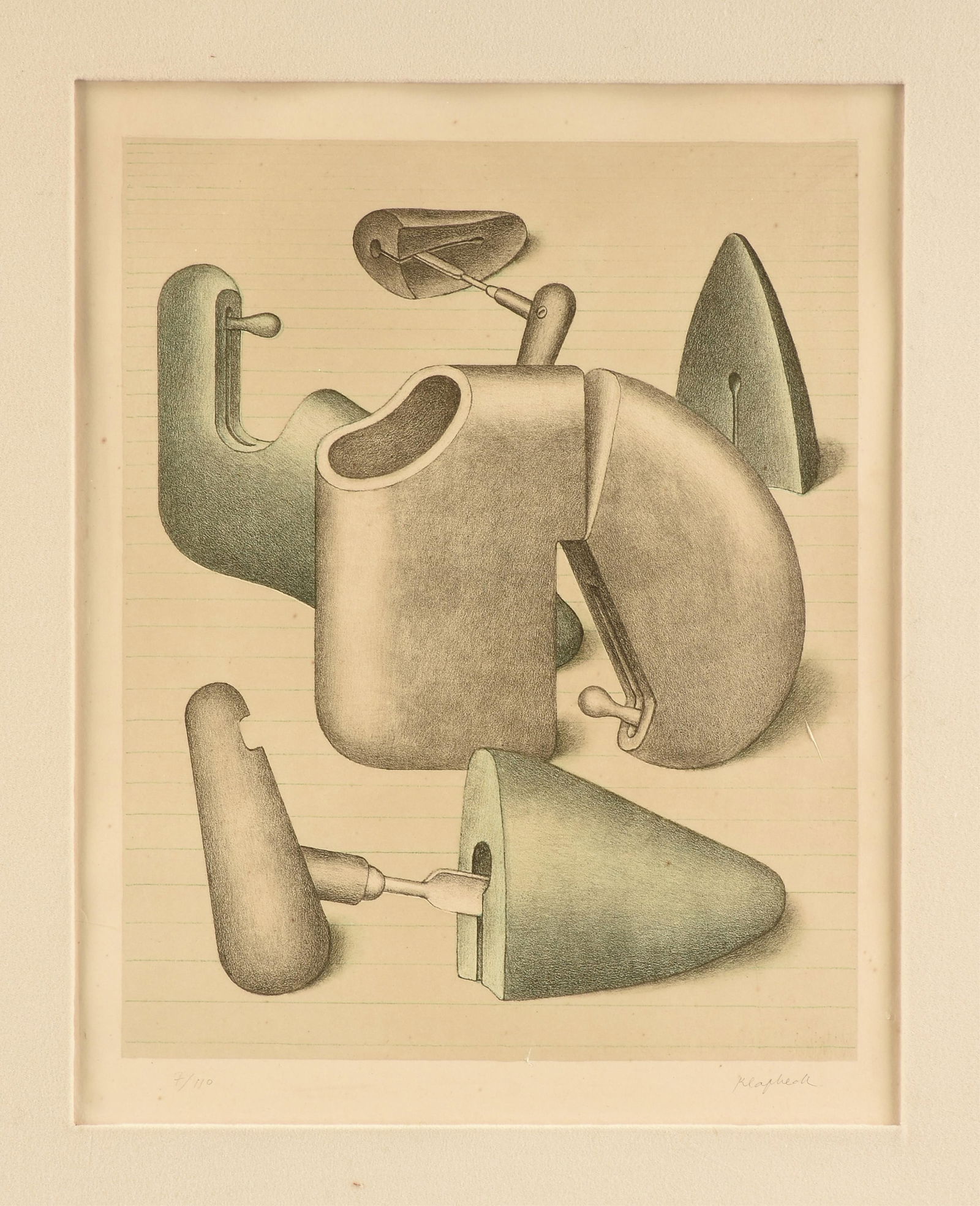 KONRAD KLAPHECK (German 1935-2023) “Schuhspanner (Der Harem),” 1967/1968,: KONRAD KLAPHECK (German 1935-2023) “Schuhspanner (Der Harem),” 1967/1968, lithograph, signed lower right, "Klapheck," and numbered lower right, "7/110." Image: 18 1/2 x 14 1/2 in. (47 x 36