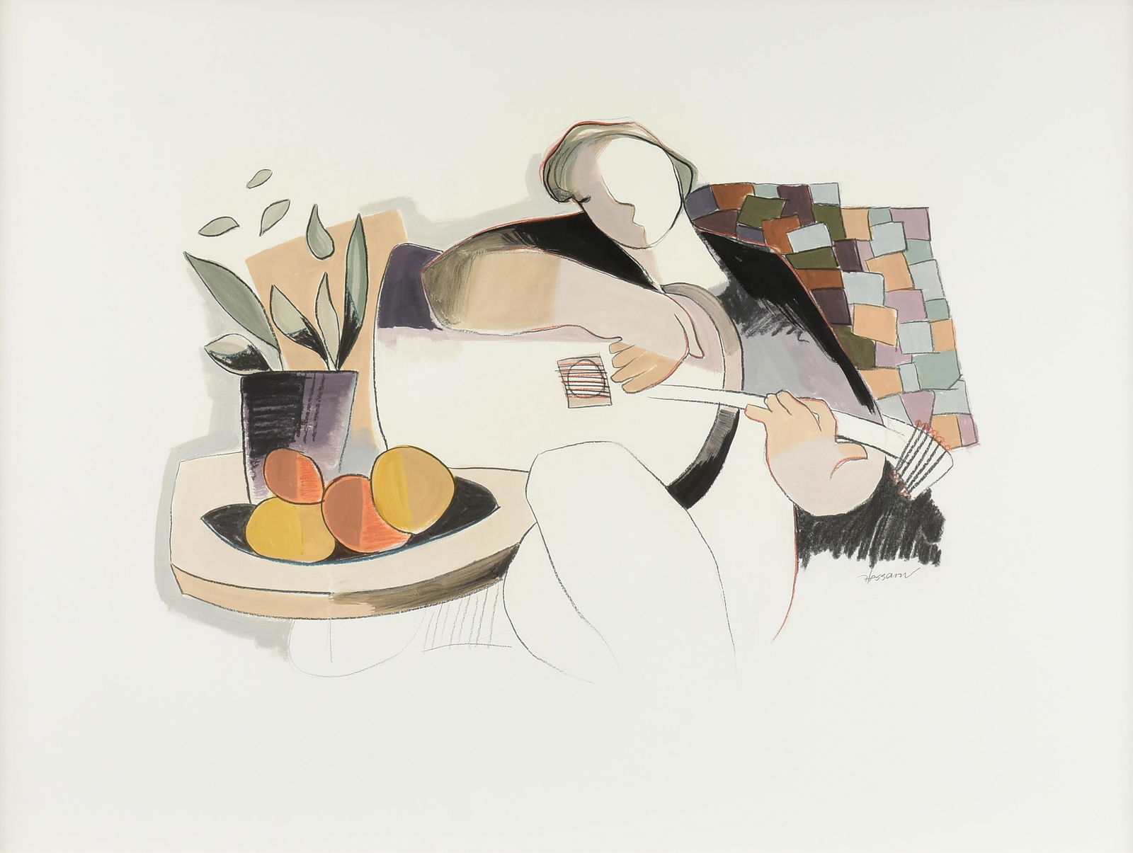 HESSAM ABRISHAMI (Iranian/American b. 1951) "Man with Guitar," CIRCA 2000,: HESSAM ABRISHAMI (Iranian/American b. 1951) "Man with Guitar," CIRCA 2000, gouache, graphite, and crayon on paper, signed lower right, "Hessam." 30 x 40 in. (76.2 x 101.6 cm.), Frame: 33 3/4 x 43 3/4