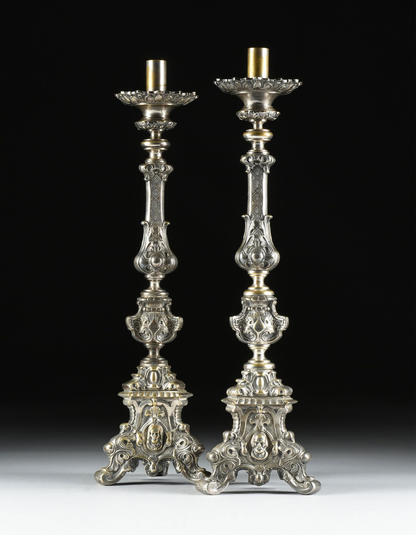 A PAIR OF BAROQUE STYLE ALTAR CANDLESTICKS, EUROPEAN, 19TH CENTURY, (1 of 8)