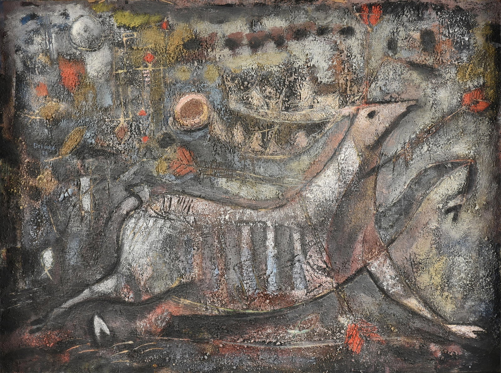 LEONARD DELONGA (American 1925-1991) "Stag Petroglyph," 1955,: LEONARD DELONGA (American 1925-1991) "Stag Petroglyph," 1955, oil and sand on board, signed and dated center left, "DeLonga 55." 30 x 40 in. (76.2 x 101.6 cm.), Frame: 32 x 42 1/4 in. (81.3 x 107.3 cm