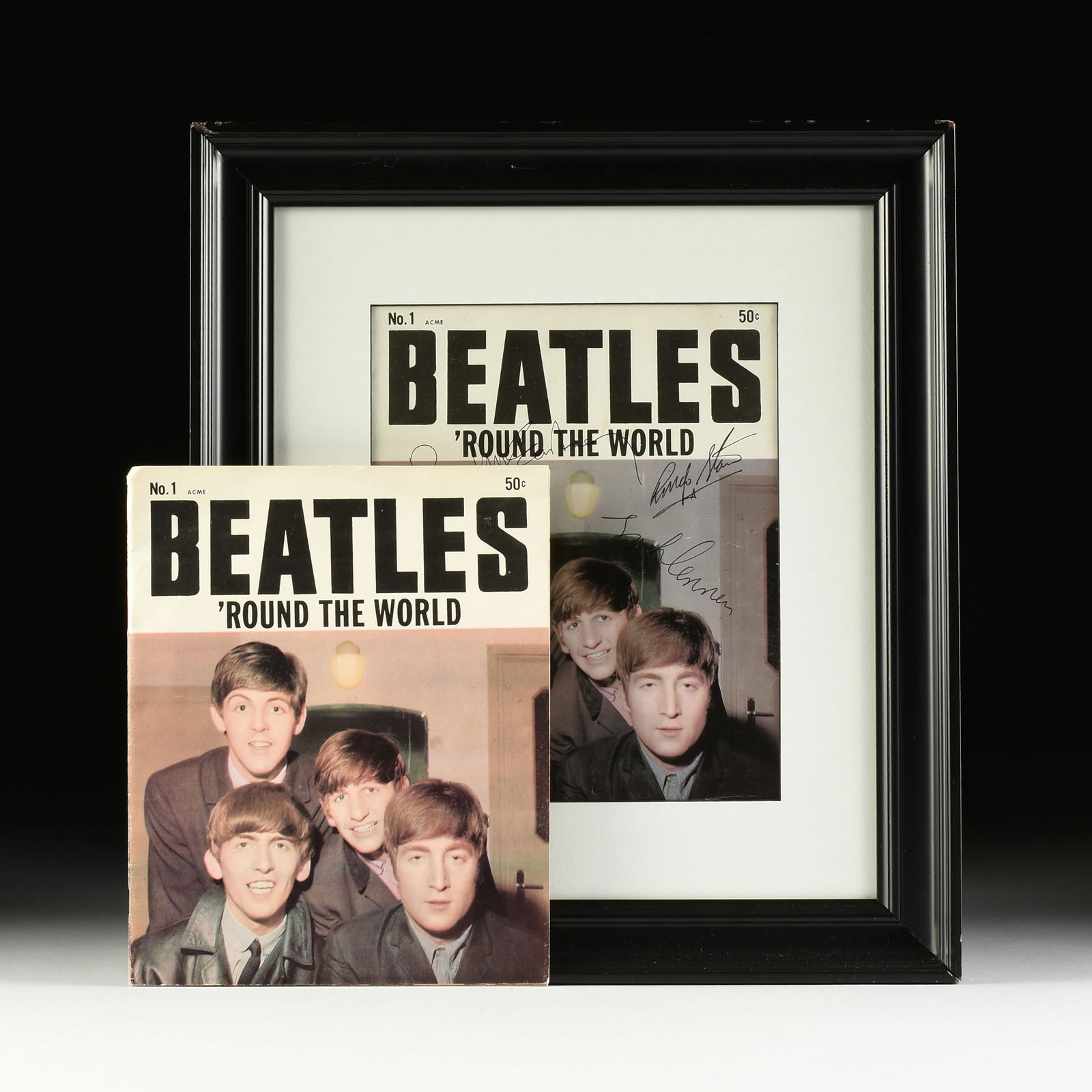 THE BEATLES, A SIGNED MAGAZINE COVER, “’Round the World,” CIRCA 1964,: THE BEATLES, A SIGNED MAGAZINE COVER, “’Round the World,” CIRCA 1964, hand-signed, "Paul McCartney / Ringo Starr / John Lennon / George Harrison," together with a complete copy of th