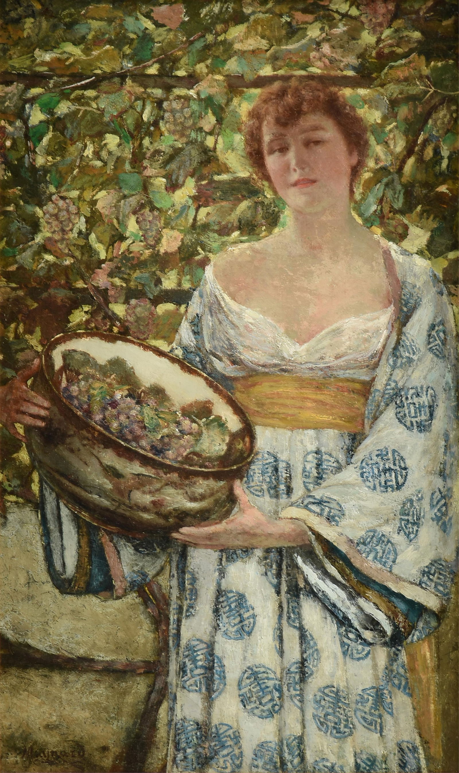GEORGE WILLOUGHBY MAYNARD (American 1843-1923) "Gathering Grapes," 19TH/20TH CENTURY,: GEORGE WILLOUGHBY MAYNARD (American 1843-1923) "Gathering Grapes," 19TH/20TH CENTURY, oil on canvas, signed L/L, "Maynard." 21 1/2 x 14 in. (54.6 x 35.6 cm.), Frame: 30 x 22 in. (76.2 x 55.9 cm.) Prov