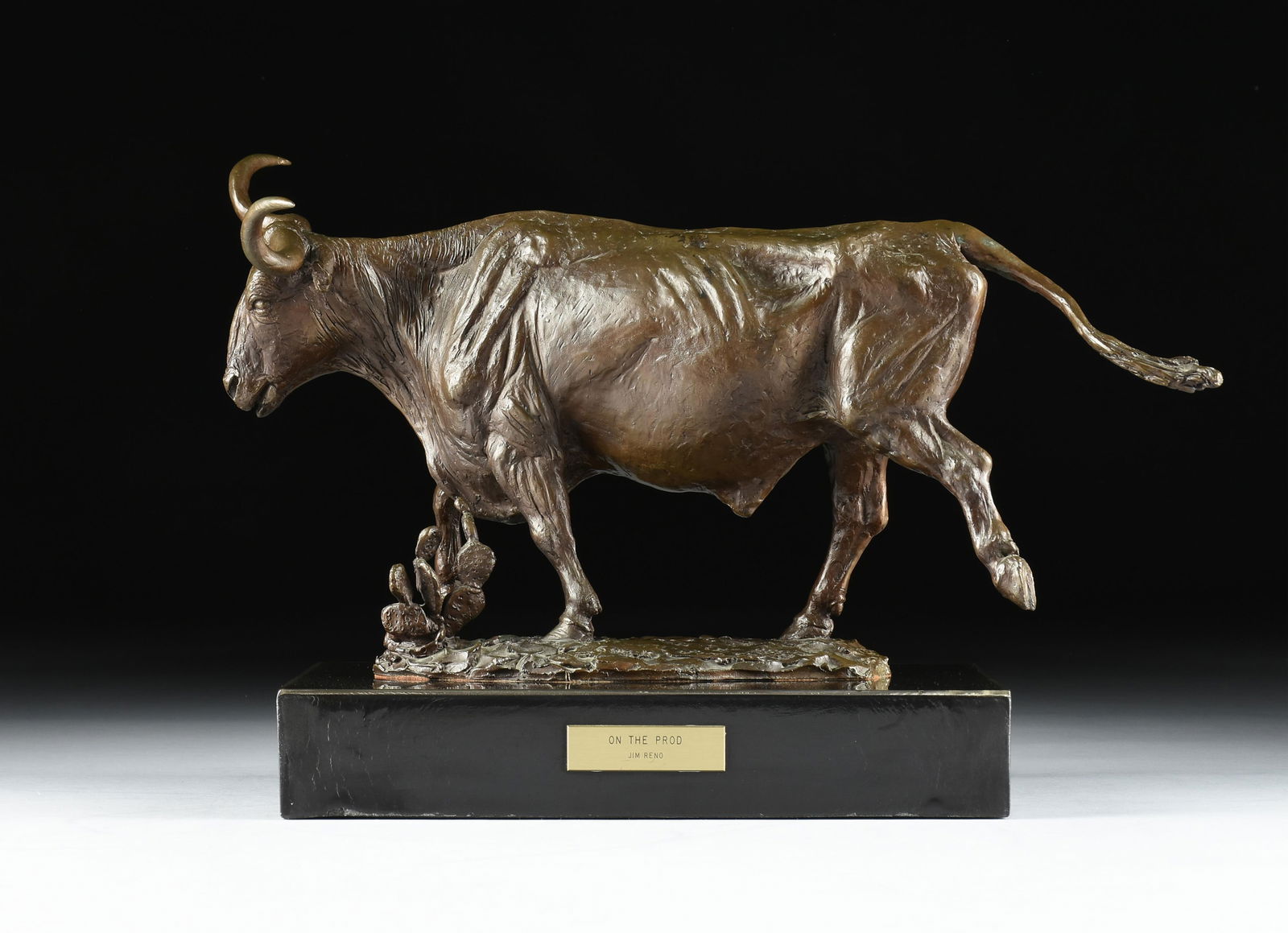 JIM RENO (American 1929-2008) "On the Prod," LATE 20TH CENTURY,: JIM RENO (American 1929-2008) "On the Prod," LATE 20TH CENTURY, a patinated bronze sculpture mounted on a stone base, signed, titled, numbered, and marked, "JIM RENO / ON THE PROD / 6 OF 10 / CASTLEBE