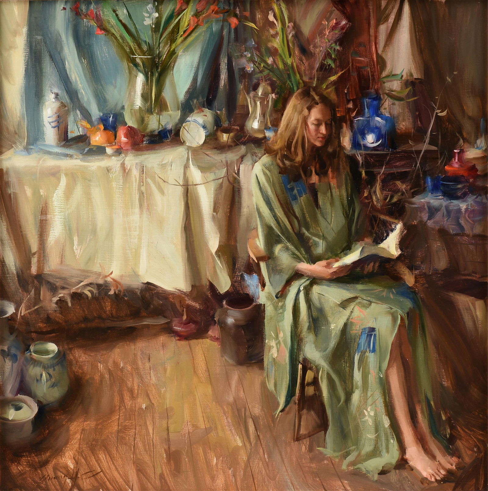 QUANG HO (Vietnamese/American b. 1963) "Reading Room," 1996,: QUANG HO (Vietnamese/American b. 1963) "Reading Room," 1996, oil on canvas, signed lower left, "Quang Ho," and titled, dated, and signed on back, "Reading Room / Nov., 1996 / Quang Ho." 30 x 30 in. (7