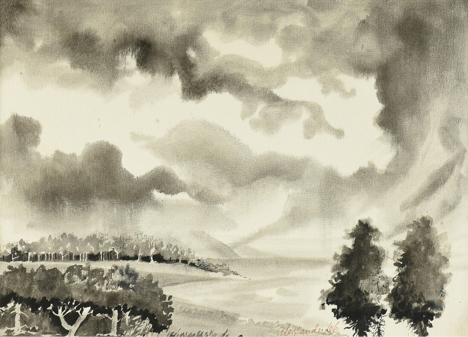 JOHN ALEXANDER (American/Texas b. 1945) "Trees and Clouds by the Shore (Untitled)," 1966,: JOHN ALEXANDER (American/Texas b. 1945) "Trees and Clouds by the Shore (Untitled)," 1966, watercolor on paper, signed and dated lower right, "Alexander 66." 14 x 19 1/2 in. (35.6 x 49.5 cm.), Frame: 2