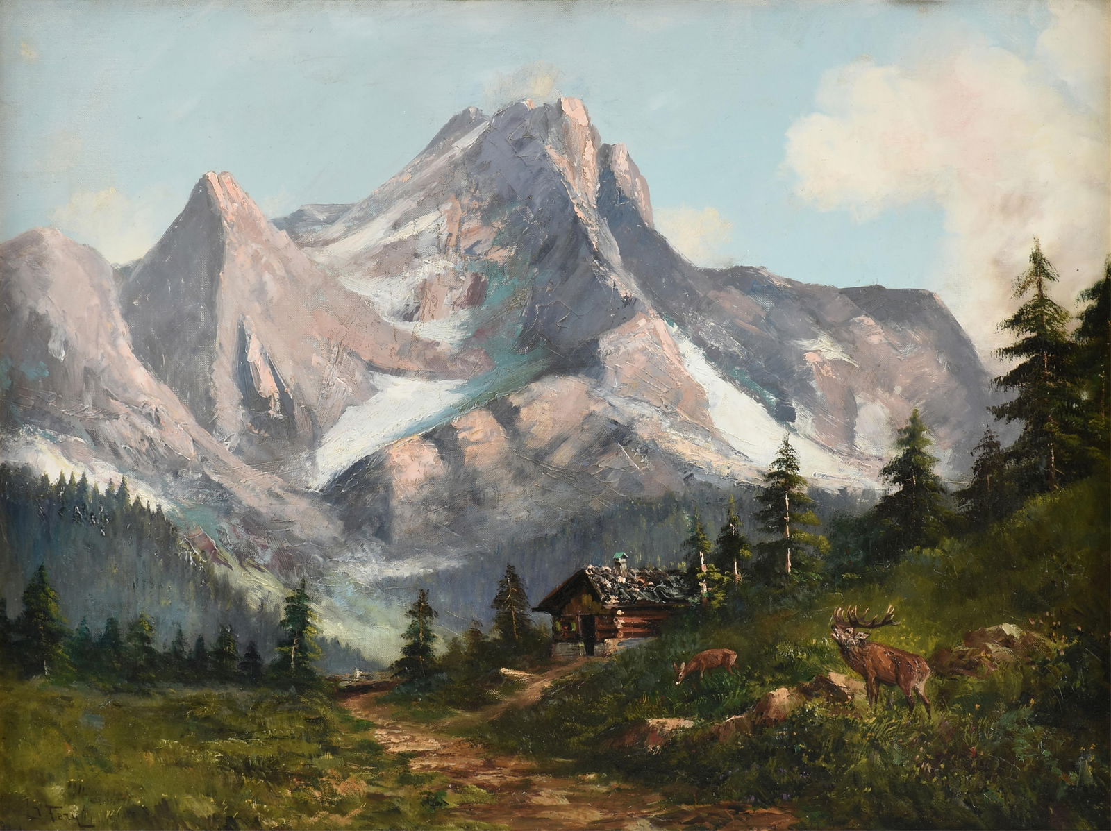 JOHN FERY (American 1859-1934) "Mountain Scene with Stag Calling (Untitled)," EARLY 20TH CENTURY,: JOHN FERY (American 1859-1934) "Mountain Scene with Stag Calling (Untitled)," EARLY 20TH CENTURY, oil on canvas, signed lower left, "J. Fery." 23 3/4 x 31 3/4 in. (60.3 x 80.6 cm.), Frame: 28 1/2 x 36