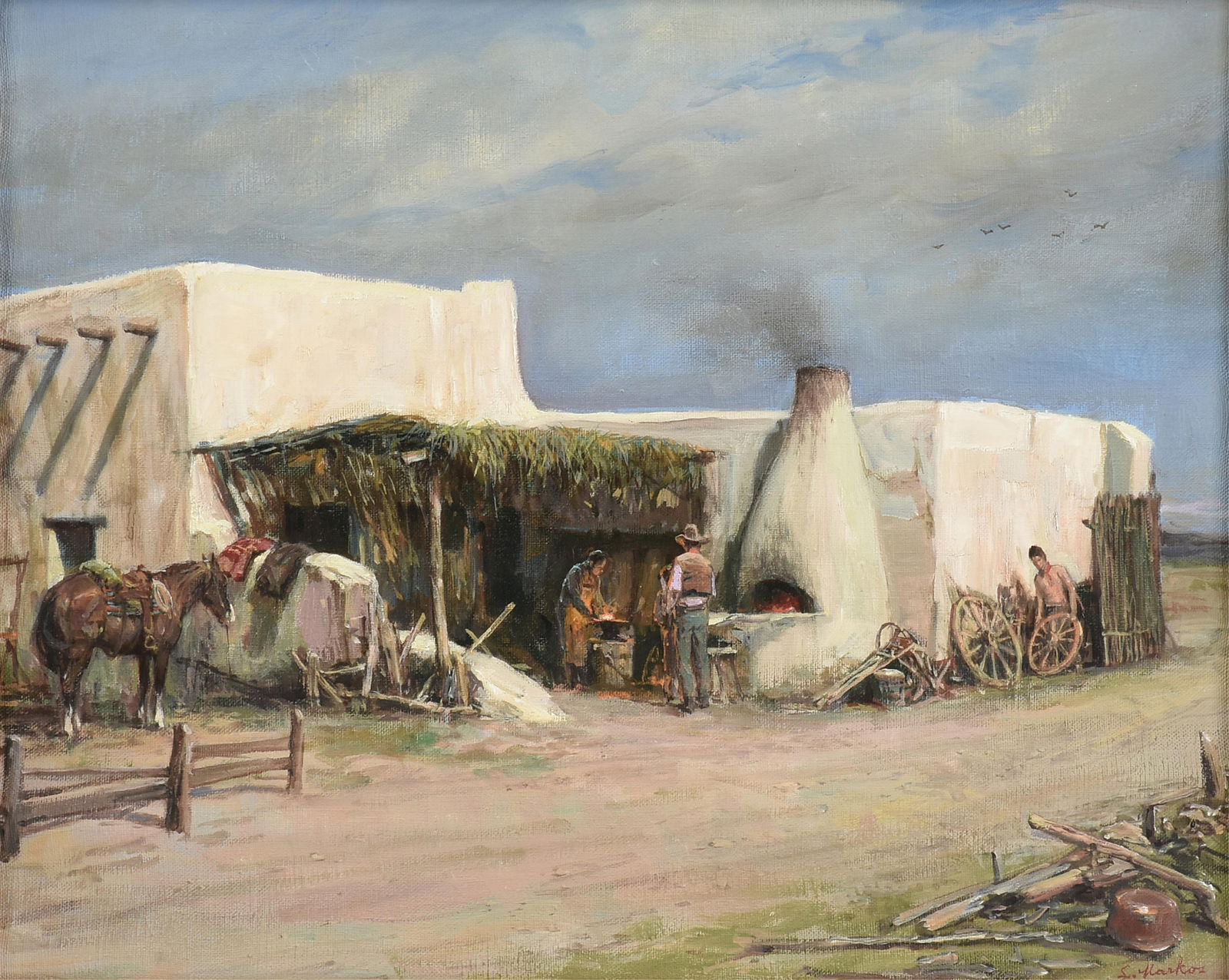 LAJOS MARKOS (American/Texas 1917-1993) "The Blacksmith," 20TH CENTURY,: LAJOS MARKOS (American/Texas 1917-1993) "The Blacksmith," 20TH CENTURY, oil on canvas, signed lower right, "L. Markos." 16 x 20 in. (40.6 x 50.8 cm.), Frame: 24 x 28 in. (61 x 71.1 cm.) Provenance: Co