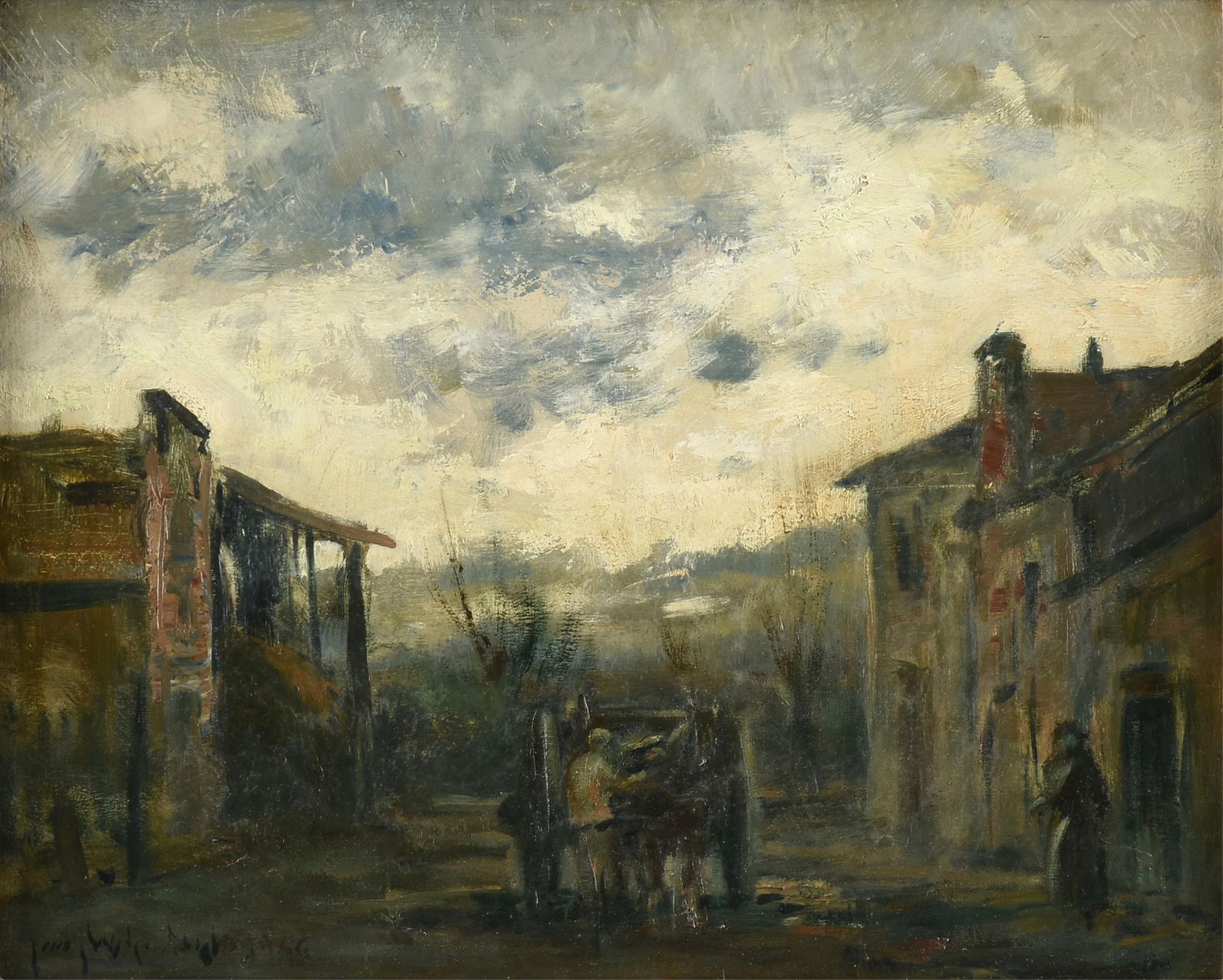 GUY CARLETON WIGGINS (American 1883-1962) "Village Scene," 1946,: GUY CARLETON WIGGINS (American 1883-1962) "Village Scene," 1946, oil on canvas, signed and dated lower left, "Guy Wiggins 1946." 16 x 20 in. (40.6 x 50.8 cm.), Frame: 24 x 27 3/4 in. (61 x 70.5 cm.) P