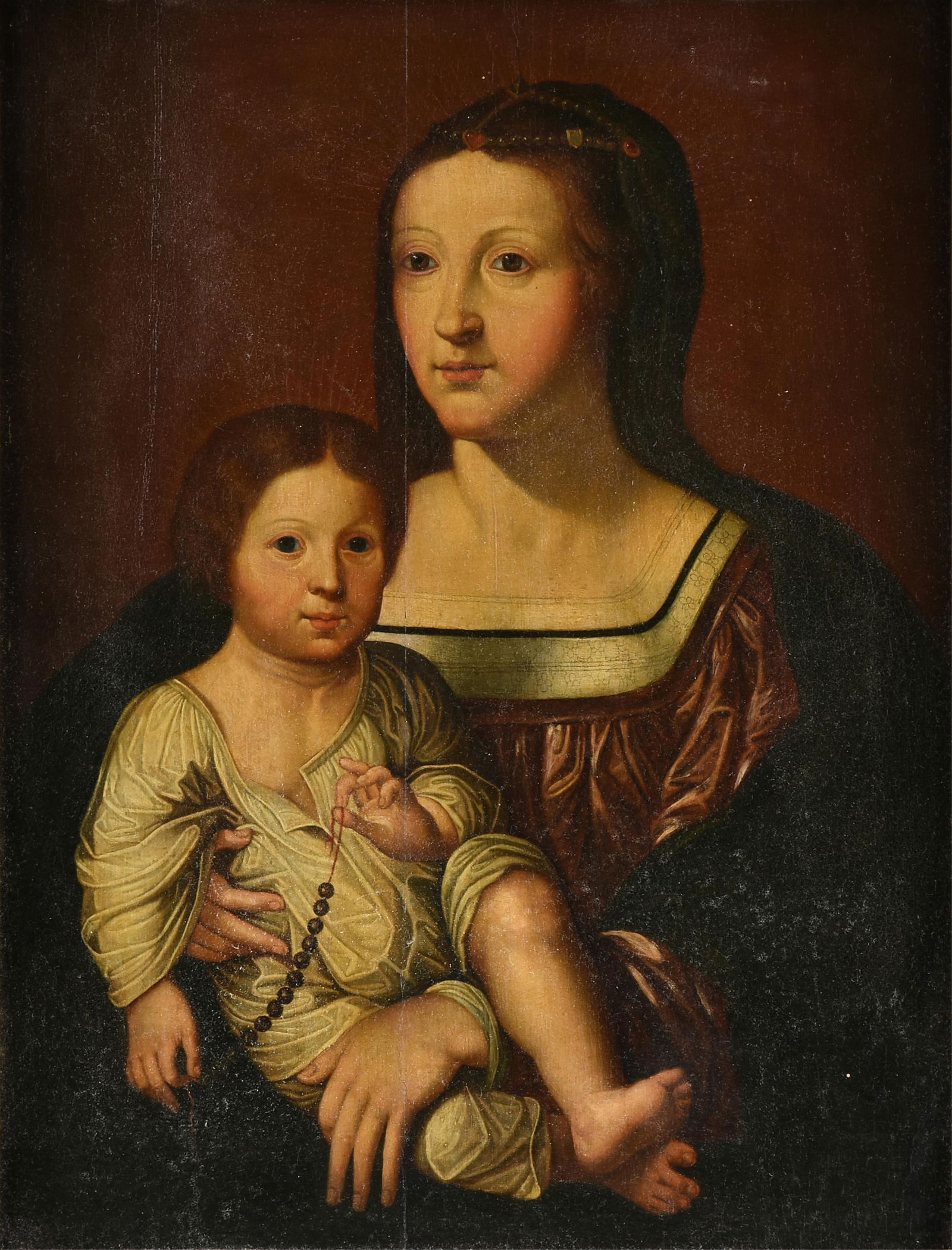 FLEMISH SCHOOL "Anna van Bergen and Her Son Hendrik as the Virgin and Child," 17TH CENTURY,: FLEMISH SCHOOL "Anna van Bergen and Her Son Hendrik as the Virgin and Child," 17TH CENTURY, oil on panel, after a lost composition by the 16th century Flemish artist Jan Gossaert (Mabuse). 25 1/4 x 19