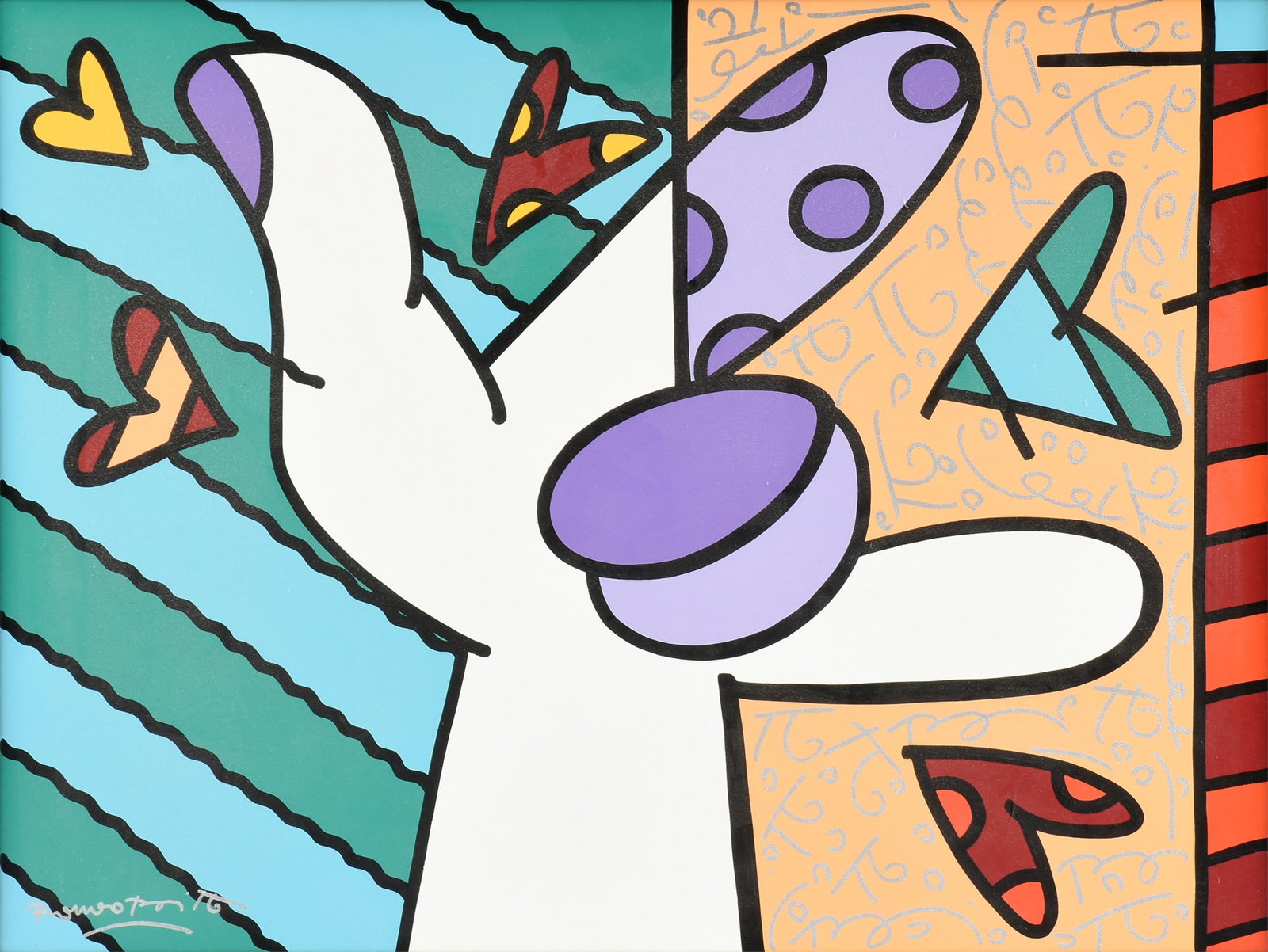 ROMERO BRITTO (Brazilian b. 1963) "OK," 2006,: ROMERO BRITTO (Brazilian b. 1963) "OK," 2006, acrylic and oil pen on canvas, signed lower left, "Romero Britto," and signed and dated on reverse, "Romero Britto © 2006." 30 x 40 in. (76.2 x 101.6 cm.