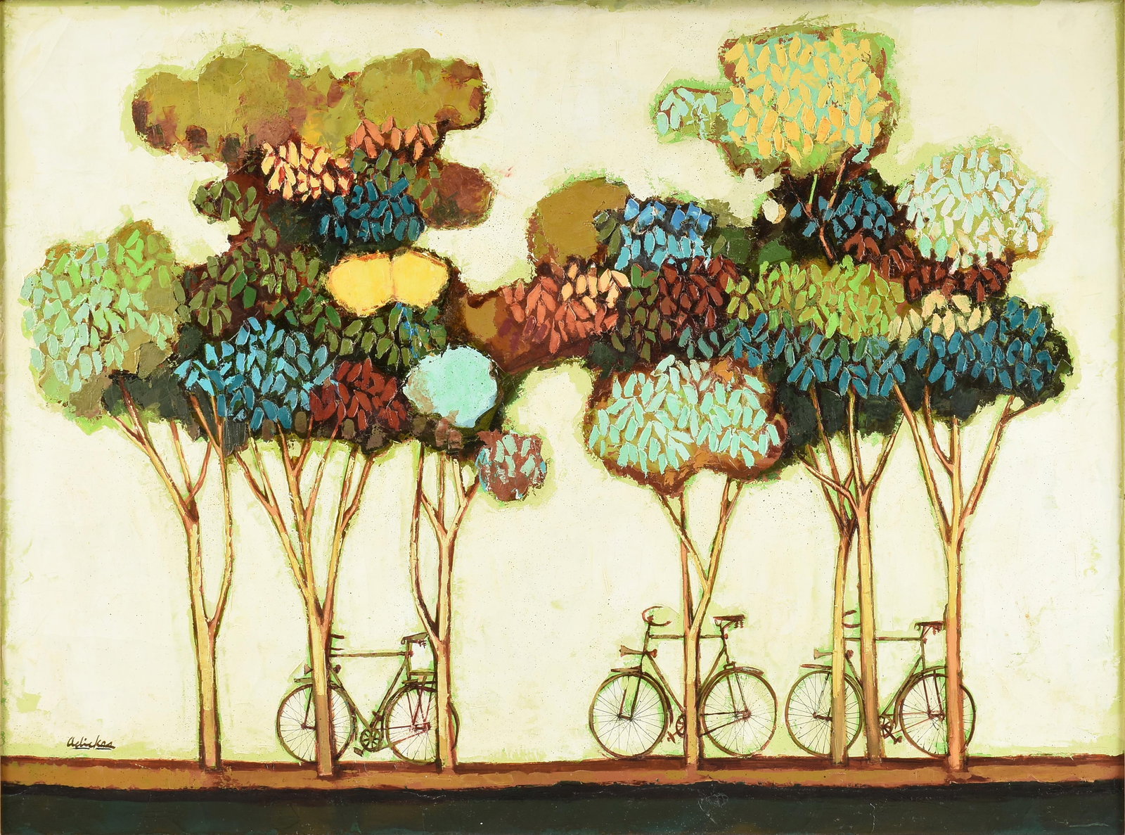 DAVID ADICKES (American/Texas 1927-2025) "Bikes Under the Trees (Untitled)," CIRCA 1975,: DAVID ADICKES (American/Texas 1927-2025) "Bikes Under the Trees (Untitled)," CIRCA 1975, oil on canvas, signed lower left, "Adickes." 36 x 48 in. (91.4 x 121.9 cm.), Frame: 39 1/2 x 51 1/2 in. (100.3