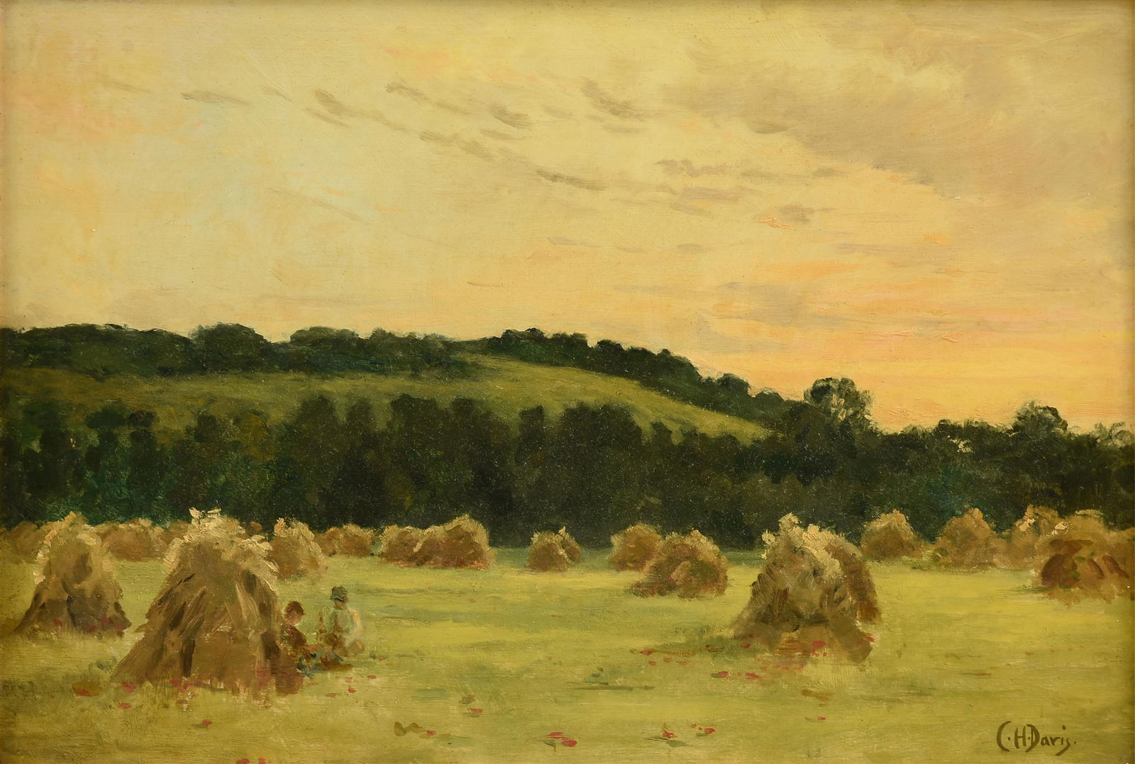 CHARLES HAROLD DAVIS (American 1856-1933) "Children in the Hayfield," 19TH/20TH CENTURY,: CHARLES HAROLD DAVIS (American 1856-1933) "Children in the Hayfield," 19TH/20TH CENTURY, oil on panel, signed L/R, "C.H. Davis." 15 x 21 1/2 in. (38.1 x 54.6 cm.), Frame: 22 x 29 in. (55.9 x 73.7 cm.)