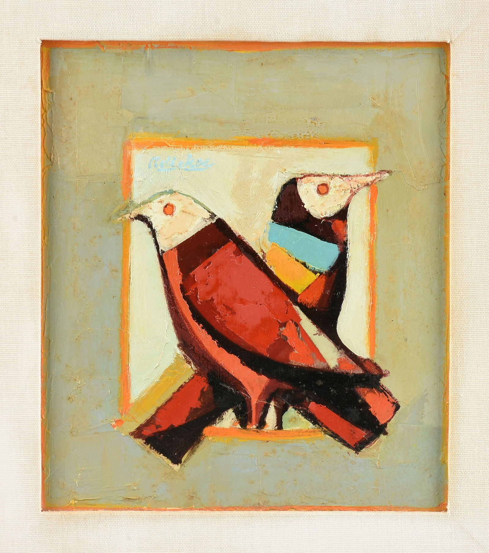 DAVID ADICKES (American/Texas 1927-2025) "Brother Birds," CIRCA 1970s,: DAVID ADICKES (American/Texas 1927-2025) "Brother Birds," CIRCA 1970s, oil on board, signed upper left, "Adickes." 15 x 13 in. (38.1 x 33 cm.), Frame: 22 x 20 in. (55.9 x 50.8 cm.) Provenance: Collect