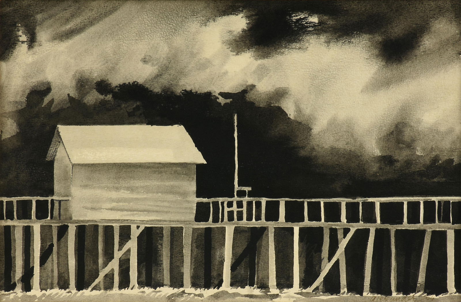 JOHN ALEXANDER (American/Texas b. 1945) "Sabine-Neches Pier, Black and White (Untitled)," 1966,: JOHN ALEXANDER (American/Texas b. 1945) "Sabine-Neches Pier, Black and White (Untitled)," 1966, watercolor on paper, signed and dated lower right, "Alexander 66." 11 x 17 in. (27.9 x 43.2 cm.), Frame: