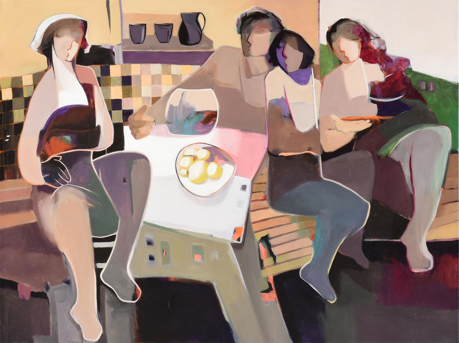 HESSAM ABRISHAMI (Iranian/American b. 1951) "Tea Party," 2000,: HESSAM ABRISHAMI (Iranian/American b. 1951) "Tea Party," 2000, acrylic on canvas, signed lower right, "Hessam," also titled, dated and signed on reverse, "'Tea Party' / 36 x 48 / L.A. 2000 / Hessam Ab