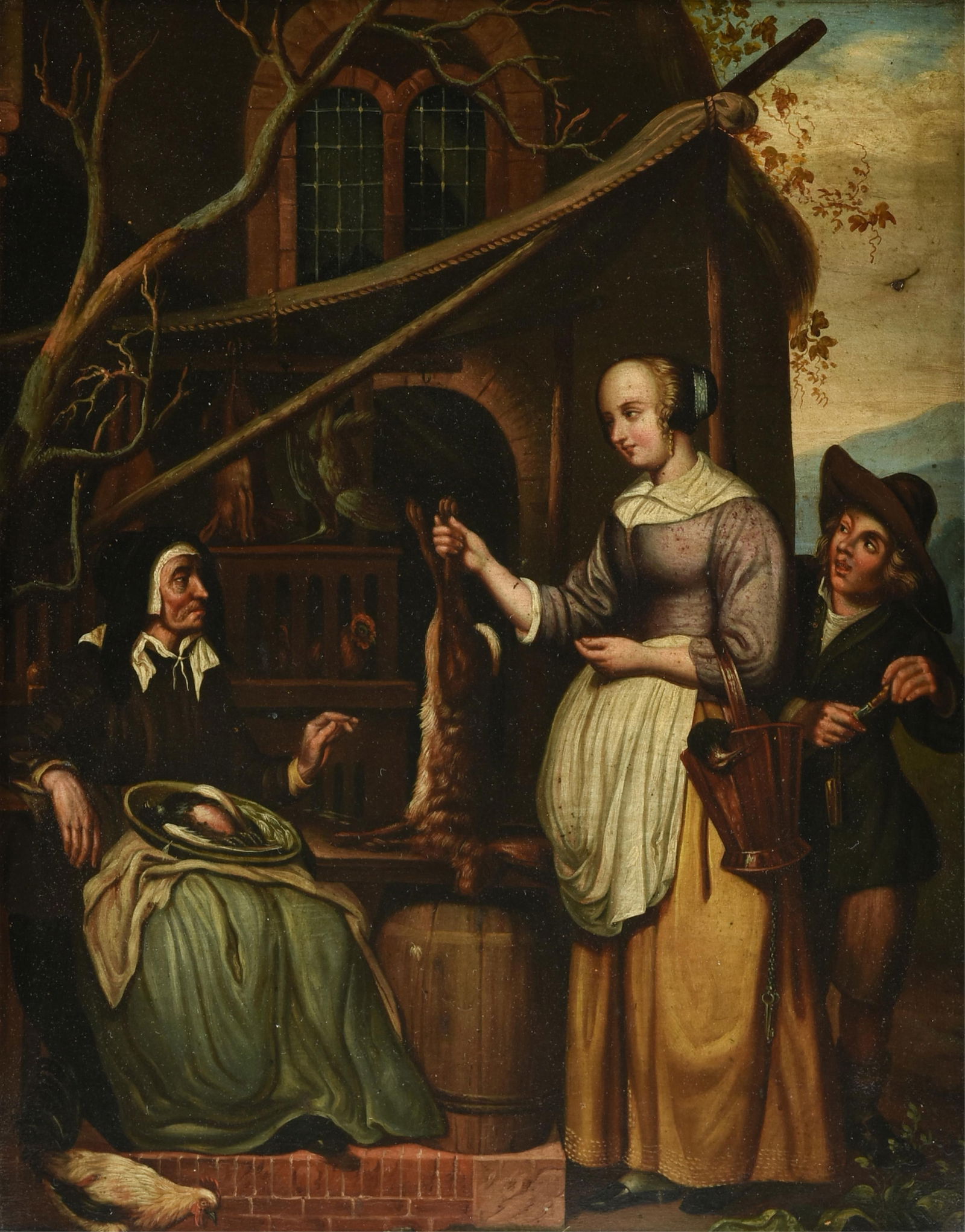 DUTCH SCHOOL "The Game Seller," 19TH CENTURY,: DUTCH SCHOOL "The Game Seller," 19TH CENTURY, oil on metal, after a work by the 17th century Dutch artist Gabriel Metsu. 13 1/2 x 10 1/2 in. (34.3 x 26.7 cm.), Frame: 20 3/4 x 17 3/4 in. (52.7 x 45.1