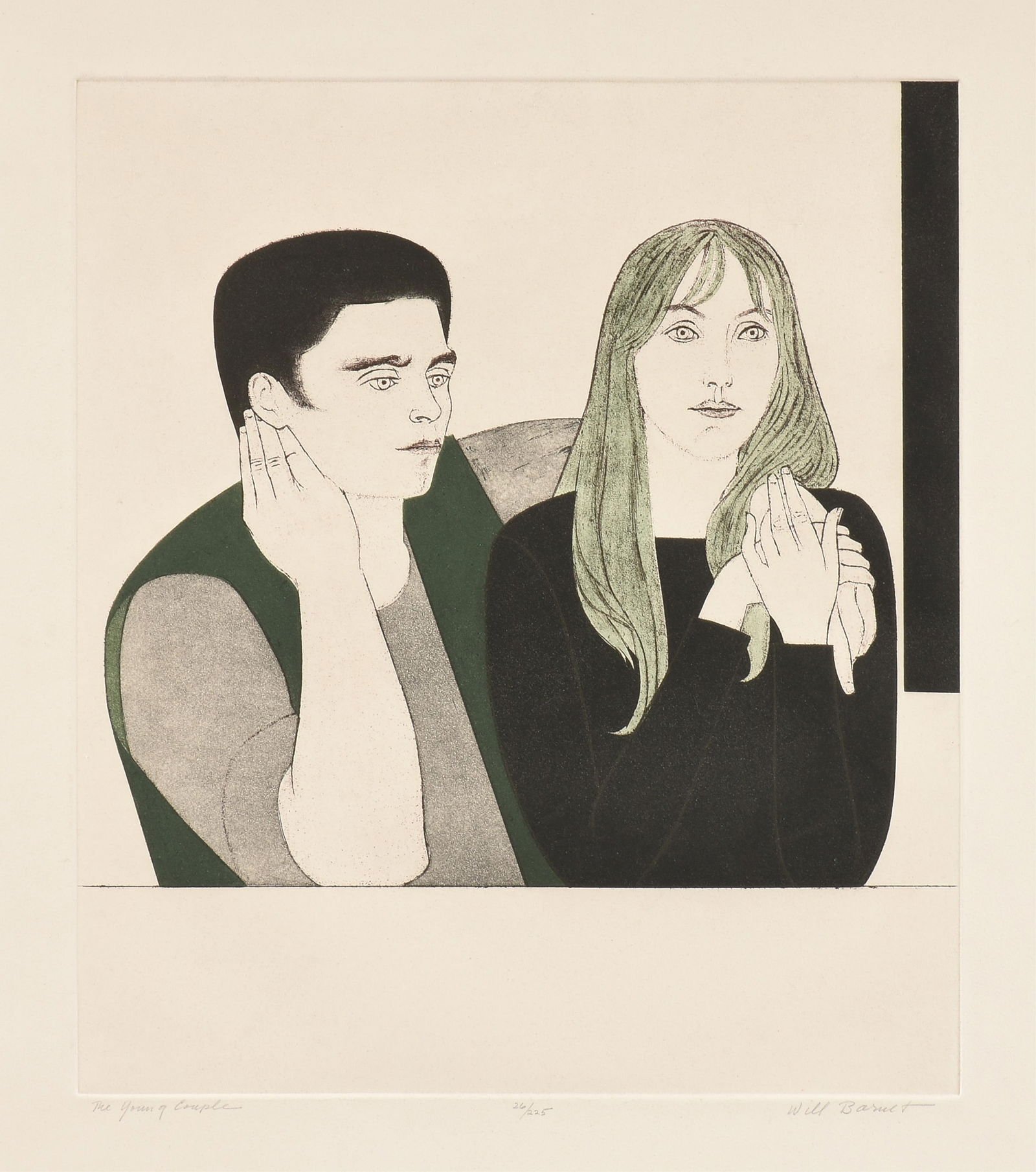 WILL BARNET (American 1911-2012) “The Young Couple,” 1971,: WILL BARNET (American 1911-2012) “The Young Couple,” 1971, etching with aquatint on paper, titled, numbered and signed across the lower margin, "The Young Couple / 26/225 / Will Barnet." 3
