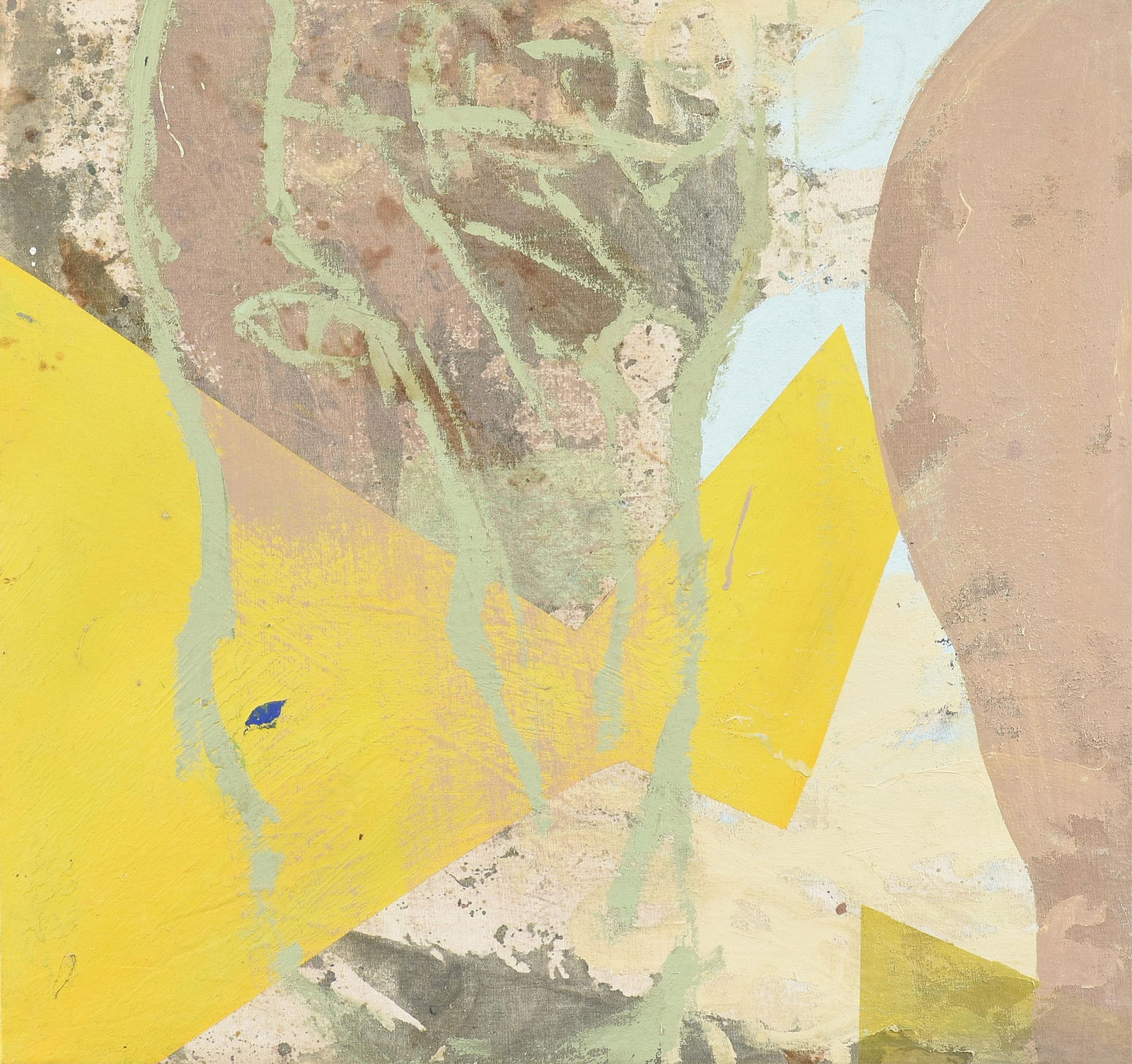 GILES LYON (American b. 1967) "Abstract Composition with Yellow and Green (Untitled)," 1990,: GILES LYON (American b. 1967) "Abstract Composition with Yellow and Green (Untitled)," 1990, oil on canvas, signed and dated on stretcher, "Giles Lyon 90." 26 x 27 3/4 in. (66 x 70.5 cm.) Provenance: