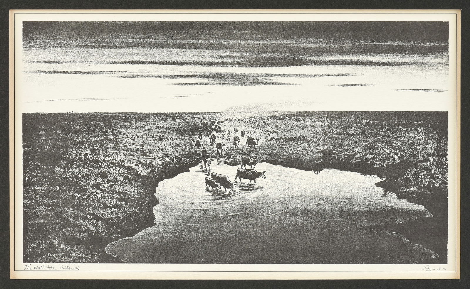 after PETER HURD (American 1904-1984) "Water Hole," 20TH CENTURY,: after PETER HURD (American 1904-1984) "Water Hole," 20TH CENTURY, offset lithograph, marked at at lower right in the plate, "Peter Hurd," and titled at lower left, "The Water Hole (edition 50)." Sheet