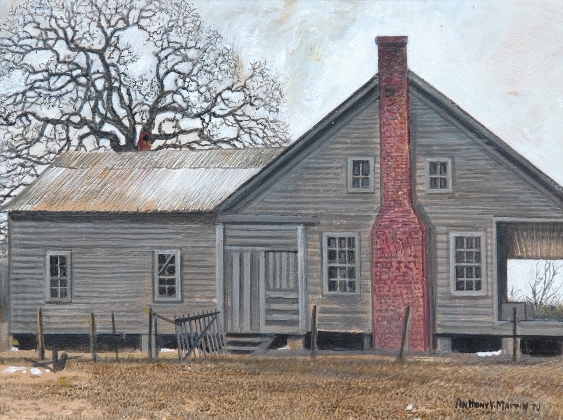 ANTHONY MARTIN (American/Texas b. 1941) A PAINTIN: ANTHONY MARTIN (American/Texas b. 1941) A PAINTING, "John Coleman's Home," acrylic on paper, signed and dated 1970 L/R . 8" x 11". Framed. Paper label on back from DuBose Gallery, Houston.