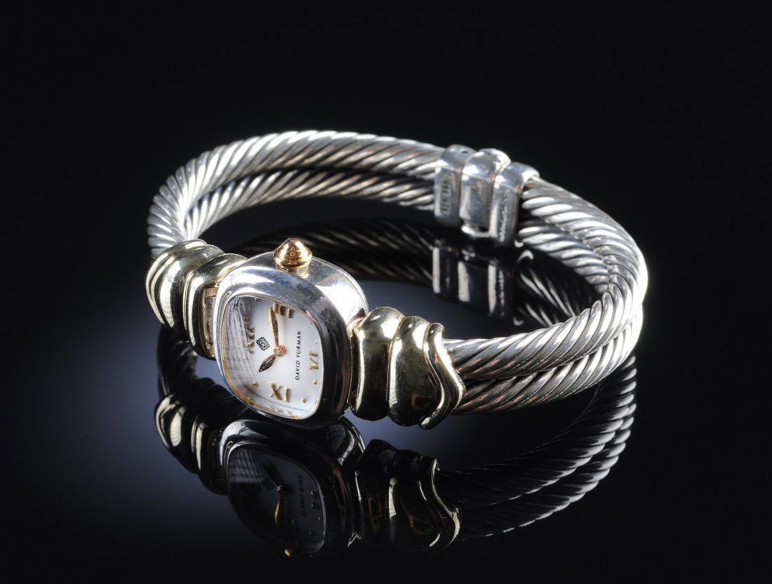DAVID YURMAN 14K/STERLING SILVER CHELSEA DOUBLE C: DAVID YURMAN 14K/STERLING SILVER CHELSEA DOUBLE CABLE LADY'S WATCH, two-tone, signed 'David Yurman,' with gray mother-of-pearl dial T-9502 Chelsea watch. Swiss made. Excellent time keeping accuracy wi