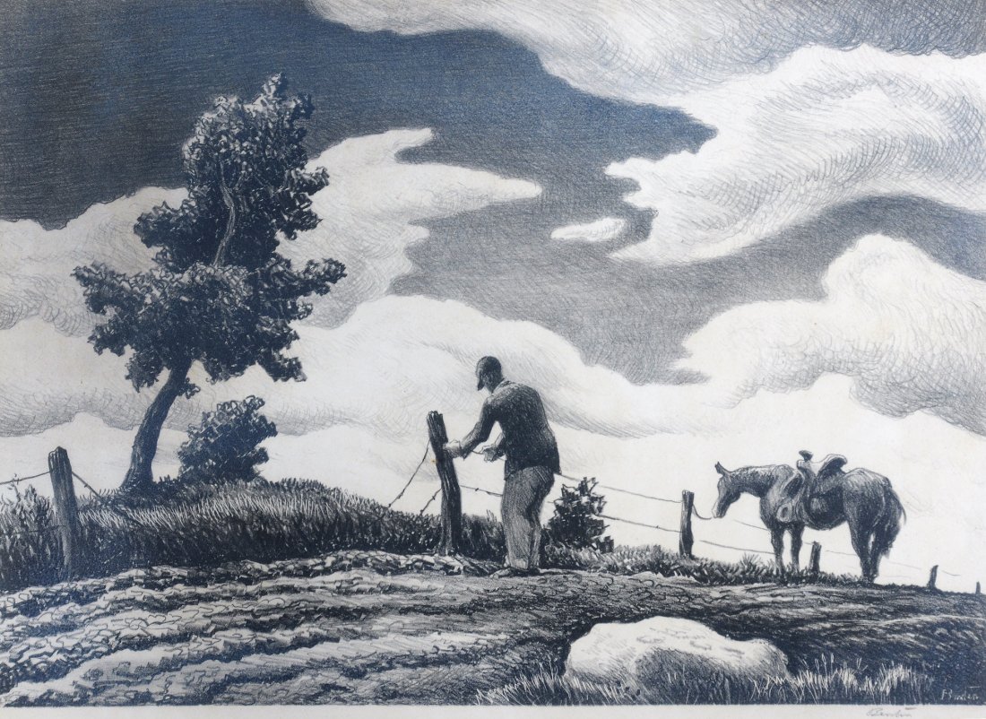 THOMAS HART BENTON (American 1889-1975) A LITHOGR: THOMAS HART BENTON (American 1889-1975) A LITHOGRAPH, "Fence mending," ink on paper, signed in the plate and in graphite L/R. 10" x 12". Framed.
