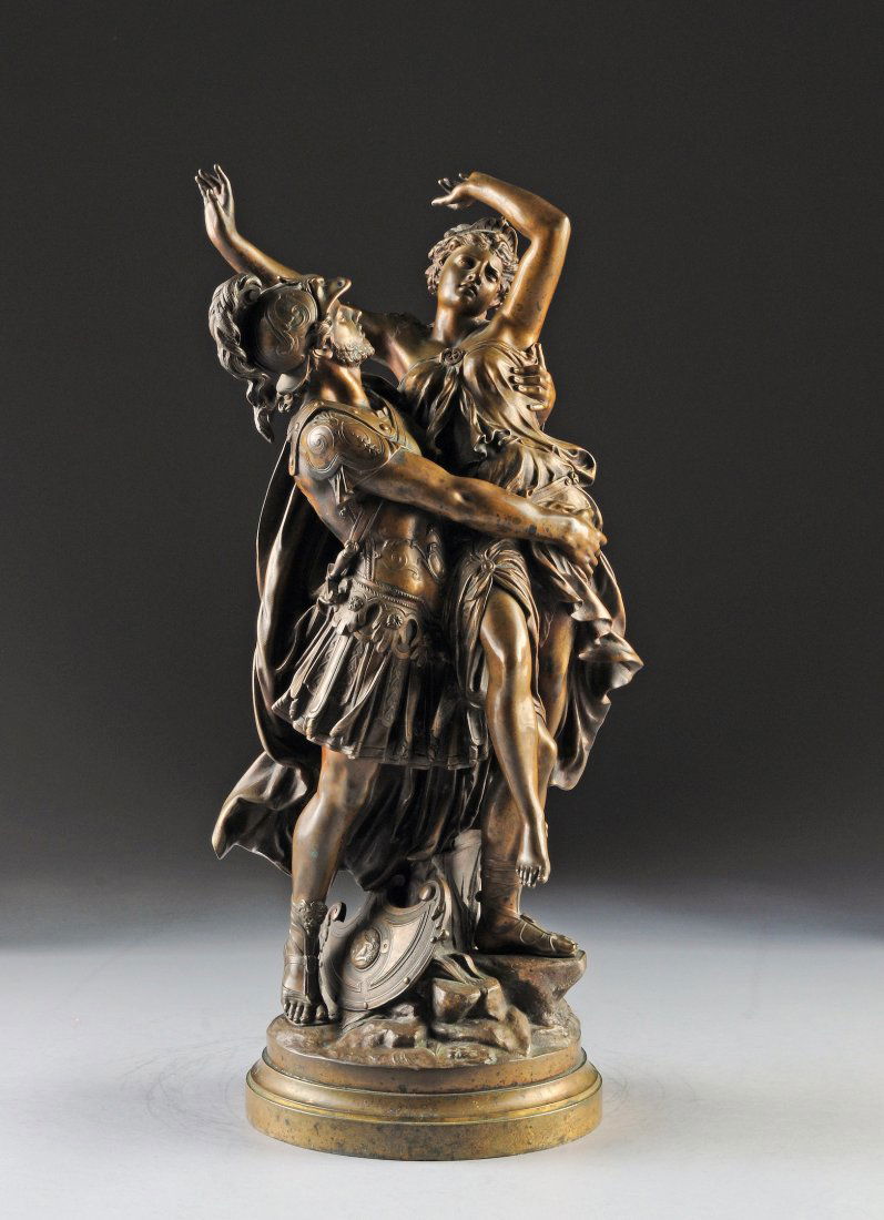 A FRENCH MYTHOLOGICAL BRONZE GROUP, SUSSE FRÈRES: A FRENCH MYTHOLOGICAL BRONZE GROUP, SUSSE FRÈRES FOUNDRY SIGNATURE, LAST-QUARTER 19TH CENTURY, possibly representing Paris abducting Helen with finely cast details and depicting a bearded warrior wea