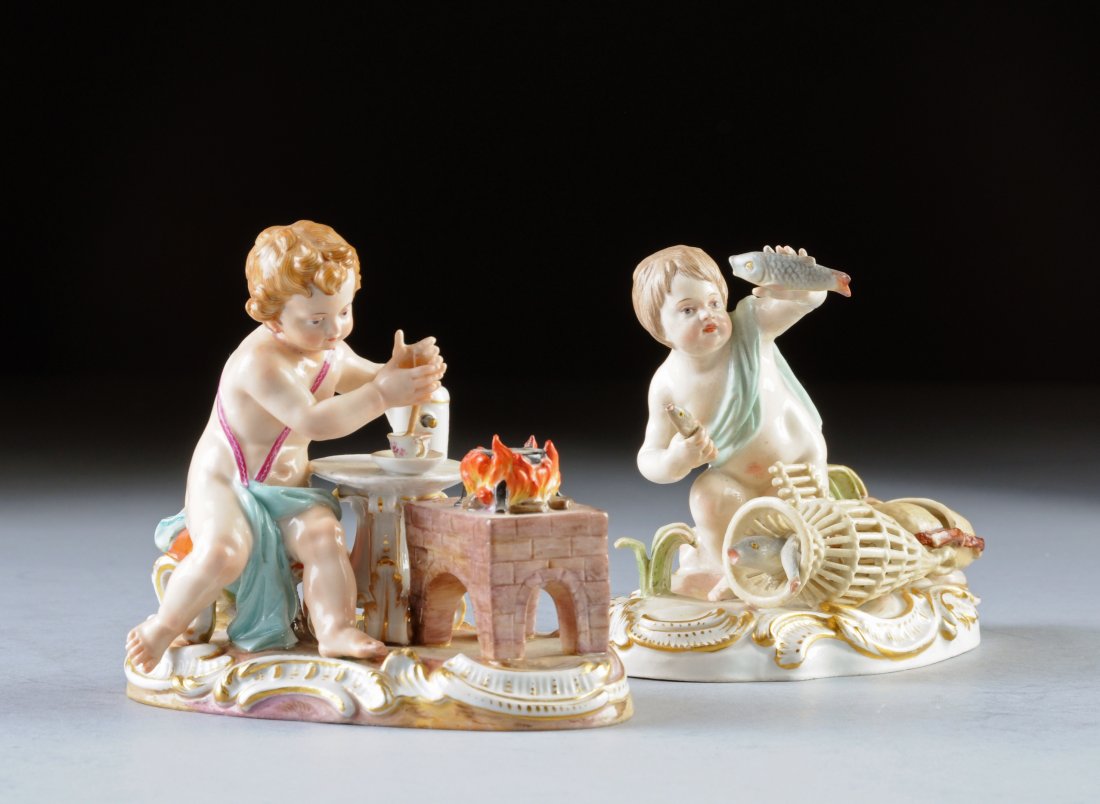 TWO MEISSEN EMBLEMATIC FIGURAL GROUPS, BLUE CROSS: TWO MEISSEN EMBLEMATIC FIGURAL GROUPS, BLUE CROSSED SWORDS MARK, INCISED MODEL NOS. C. 97 AND C.98., PRESSENUMMERS 162 AND 92, LATE 19TH/EARLY 20TH CENTURY, after models by J.J. Kandler, each on a sha