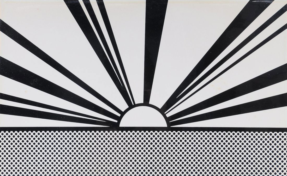 ROY LICHTENSTEIN (American 1923-1997) A PRINT, "L: ROY LICHTENSTEIN (American 1923-1997) "Landscape 4, from Ten Landscapes (C.54)," screen print, 1967, on opaque white Rowlux, on four-ply board mounted to composition board (as issued), signed and date