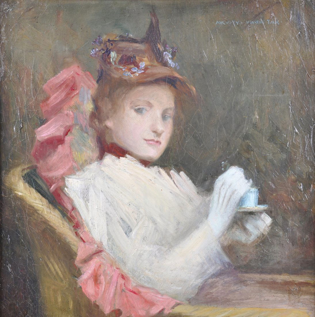 AUGUSTUS VINCENT TACK (American 1870-1949) A PAIN: AUGUSTUS VINCENT TACK (American 1870-1949) A PAINTING, "Afternoon Tea," oil on canvas, signed U/L. 17 5/8" x 17 5/8". Framed. David Findlay NY label on reverse.