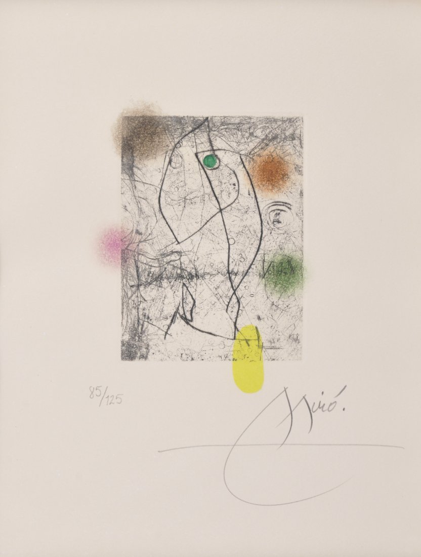 JOAN MIRO (Spanish 1893 – 1983) THREE ETCHINGS AN: JOAN MIRO (Spanish 1893 – 1983) THREE ETCHINGS AND TEXT, "El Inocente" etchings in color on paper, signed, numbered 85/125 and dated 1974 L/R. Text by Xavier Domingo. Largest: 12 1/2" x 9" . Provena