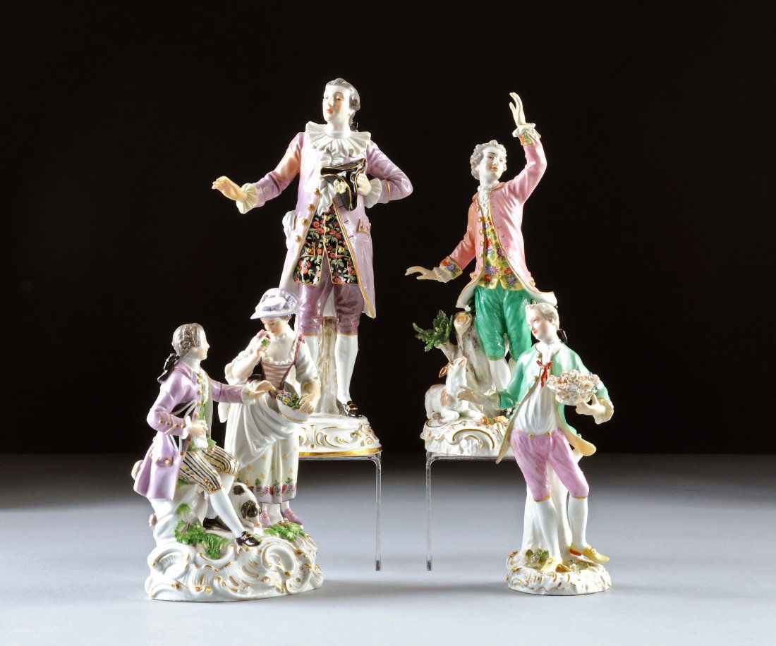 AN ASSEMBLED GROUP OF FOUR MEISSEN POLYCHROME ENA: AN ASSEMBLED GROUP OF FOUR MEISSEN POLYCHROME ENAMELED FIGURES, BLUE CROSSED SWORDS MARK, PRESSENUMERS 121, 107, INCISED NUMBERS R.137., 2.9., 6987., 19TH AND 20TH CENTURIES, one modeled as an elegant