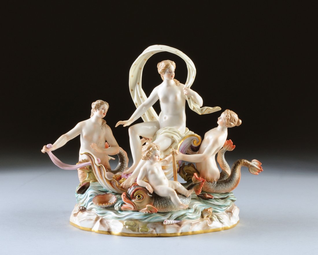 A MEISSEN "BIRTH OF VENUS" FIGURAL GROUP, BLUE CR: A MEISSEN "BIRTH OF VENUS" FIGURAL GROUP, BLUE CROSSED SWORDS MARK, INCISED D. 81., PRESSENUMMER 143 , LATE 19TH/EARLY 20TH CENTURY, enameled in naturalistic colors and modeled as the scantily clad Ve