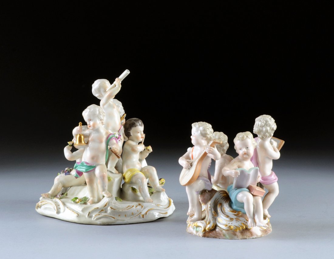 TWO MEISSEN EMBLEMATIC FIGURAL GROUPS, BLUE CROSS: TWO MEISSEN EMBLEMATIC FIGURAL GROUPS, BLUE CROSSED SWORDS MARKS, PRESSENUMMER 2, INCISED 1684, 19TH/20TH CENTURY, each painted in the Meissen palette, with one representing the Arts and modeled as fo
