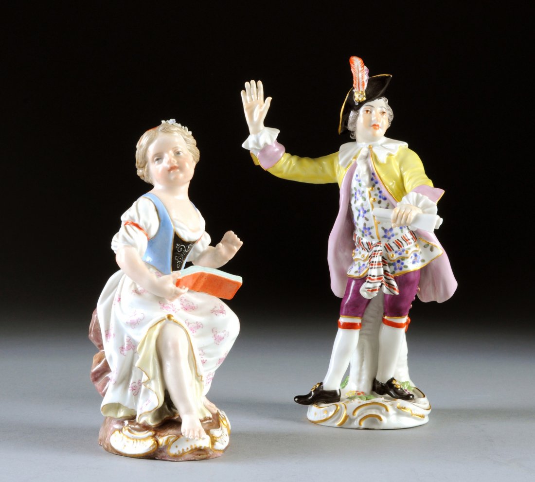 TWO MEISSEN POLYCHROME ENAMELED FIGURES, BLUE CRO: TWO MEISSEN POLYCHROME ENAMELED FIGURES, BLUE CROSSED SWORDS MARK, ONE WITH PRESSENUMMER 159C, INCISED 60031 AND 2567, 19TH/20TH CENTURY, one modeled as a conductor wearing a plumed tricorn hat and 18