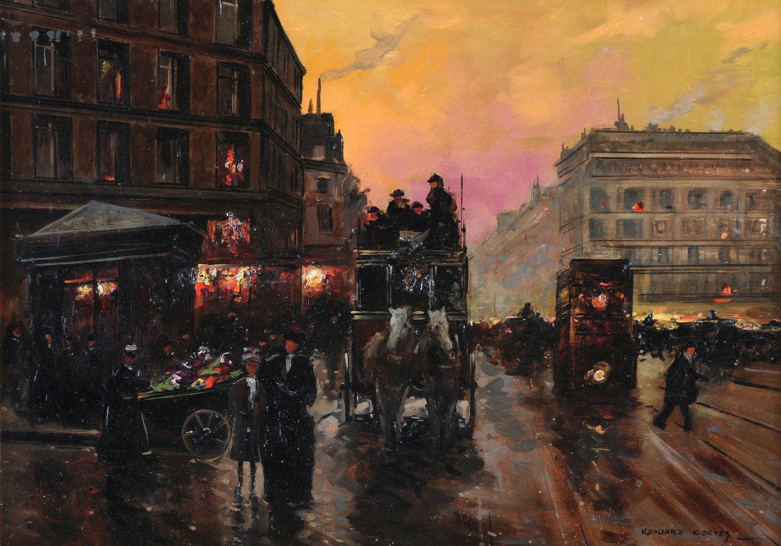 ÉDOUARD CORTES (French 1882-1969) A PAINTING, "Pl: ÉDOUARD CORTES (French 1882-1969) A PAINTING, "Place de la Trinité à Paris, 1913," oil on panel, signed L/R. 12 7/8" x 18". Framed. Provenance: Gallerie Clair, Paris. This work is accompanied by a