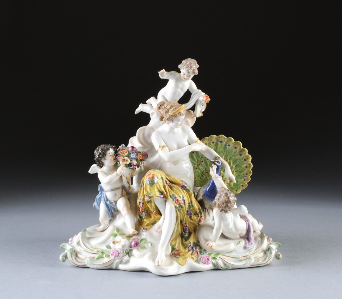 A MEISSEN POLYCHROME PAINTED MYTHOLOGICAL GROUP O: A MEISSEN POLYCHROME PAINTED MYTHOLOGICAL GROUP OF THE GODDESS JUNO WITH ATTENDANT CHERUBS, BLUE CROSSED SWORDS MARK, INCISED O.199, PRESSENUMMER 136, LATE 19TH/ EARLY 20TH CENTURY, nicely detailed an