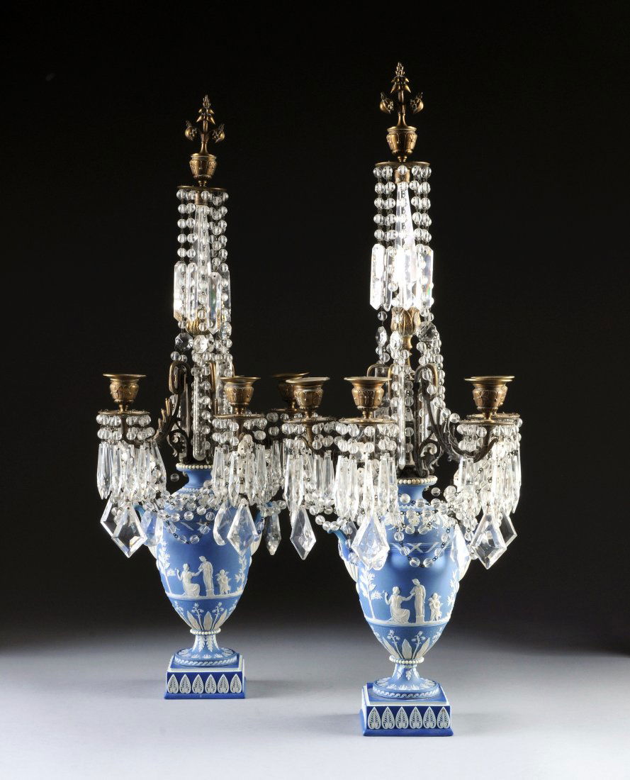 A PAIR OF GEORGE III BLUE AND WHITE JASPER SIX-LI: A PAIR OF GEORGE III BLUE AND WHITE JASPER SIX-LIGHT GIRONDOLES, ONE IMPRESSED "ADAMS" AND "2", 1787-1805, each in the Neoclassical style and of amphora form with sides centering a continuous white re
