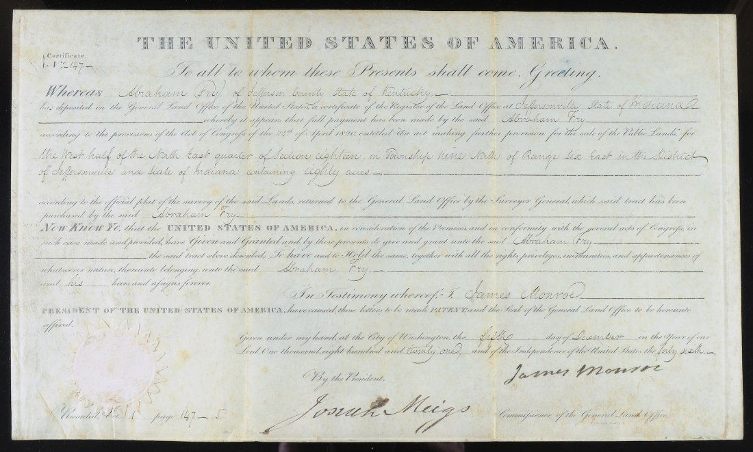JAMES MONROE (1758-1831), 5TH PRESIDENT OF THE UN: JAMES MONROE (1758-1831), 5TH PRESIDENT OF THE UNITED STATES. DS AS PRESIDENT, ONE PAGE, 10" X 16", DECEMBER 5, 1821. President Monroe grants eighty acres of land in Kentucky to Abraham Fry. Signed at