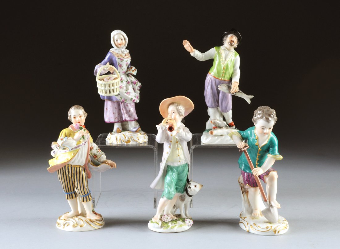 AN ASSEMBLED GROUP OF FIVE MEISSEN POLYCHROME ENA: AN ASSEMBLED GROUP OF FIVE MEISSEN POLYCHROME ENAMELED FIGURES, BLUE CROSSED SWORD MARKS, PRESSENUMMERS 104-1, 49, 34, INCISED NUMBERS 19., 12., 13., 19TH/20TH CENTURIES, one modeled as a smiling maid