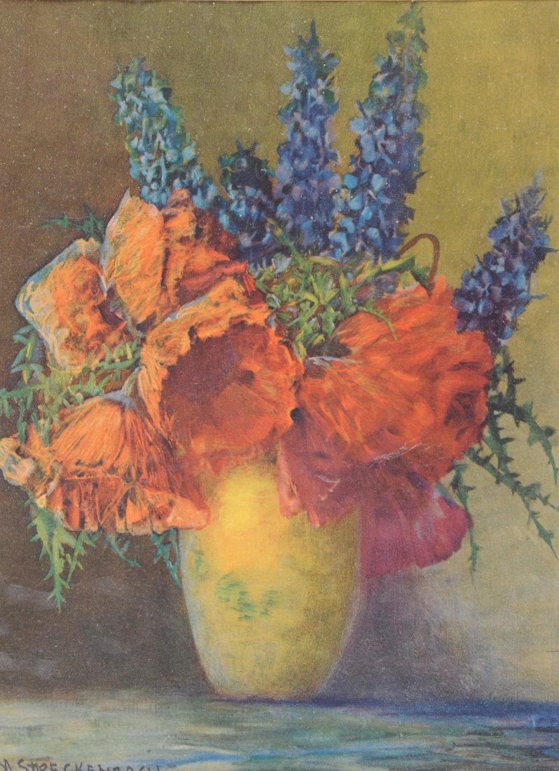 MAX THEODORE STRECKENBACH (German 1863-1936) A PRINT, ": MAX THEODORE STRECKENBACH (German 1863-1936) A PRINT, "Floral Still Life with Poppies in Yellow Vase," lithographic print of a painting, signed in print L/L. 15" x 11" Framed.