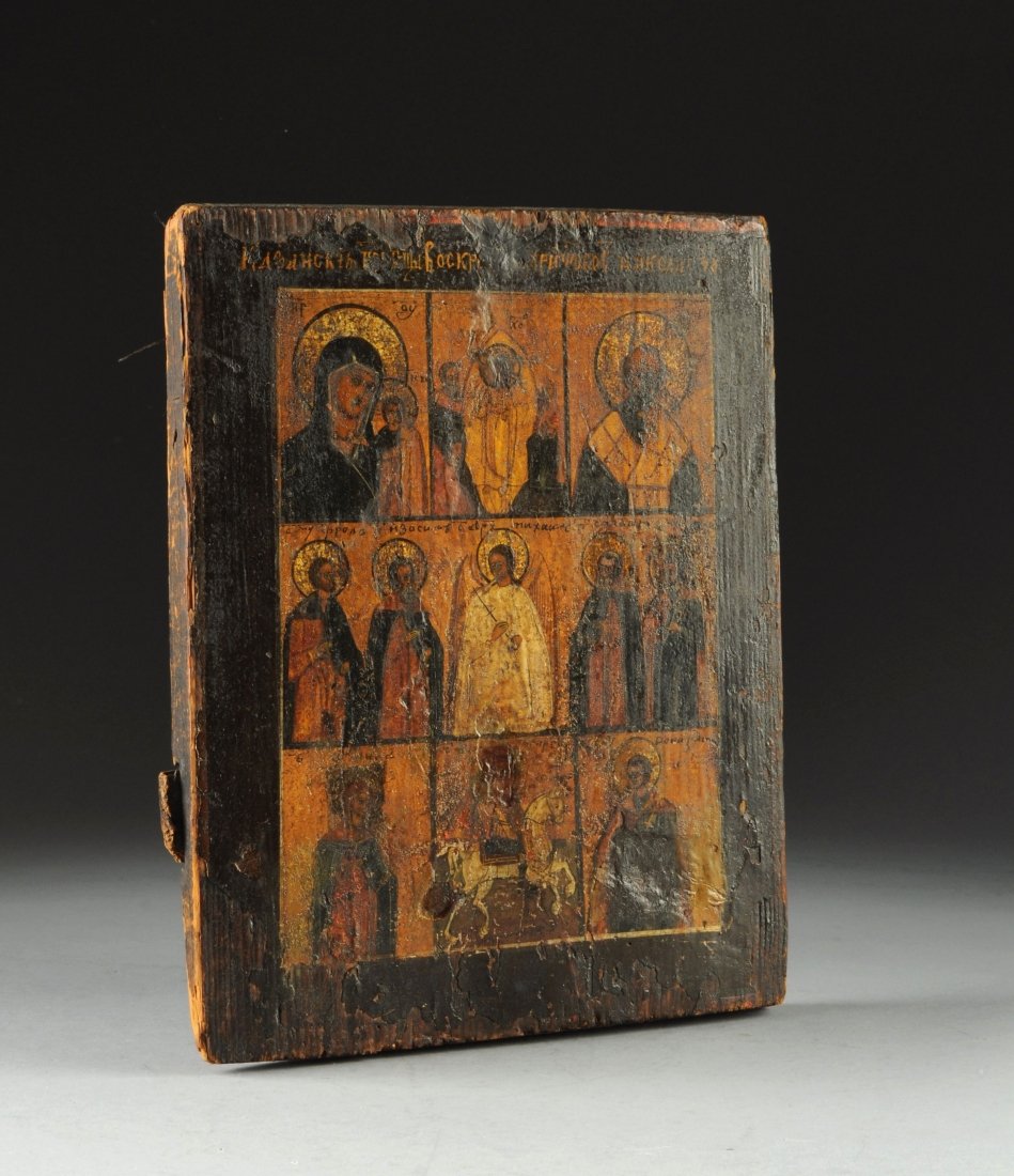 A RUSSIAN ICON OF CHRIST AND VARIOUS PATRON SAINTS OF T: A RUSSIAN ICON OF CHRIST AND VARIOUS PATRON SAINTS OF THE ORTHODOX CHURCH, 19TH CENTURY, depicting Christ, the Virgin Mary and Child, St. Nicholas, and other saints painted in two rows of three rectan