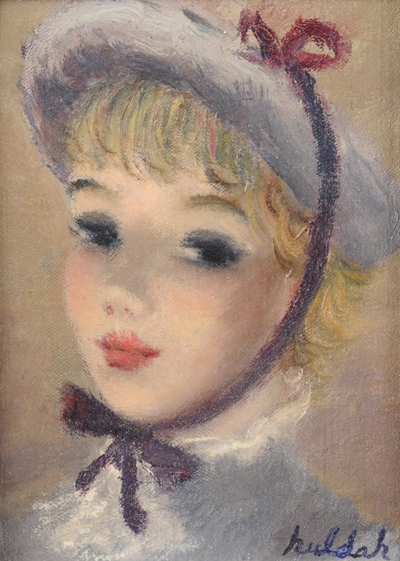 HULDAH CHERRY JEFFE (American 1901-2001) A PAINTING, "T: HULDAH CHERRY JEFFE (American 1901-2001) A PAINTING, "The Red Ribbon," oil on canvas, signed L/R. 7 1/2" x 5 1/4". Framed.