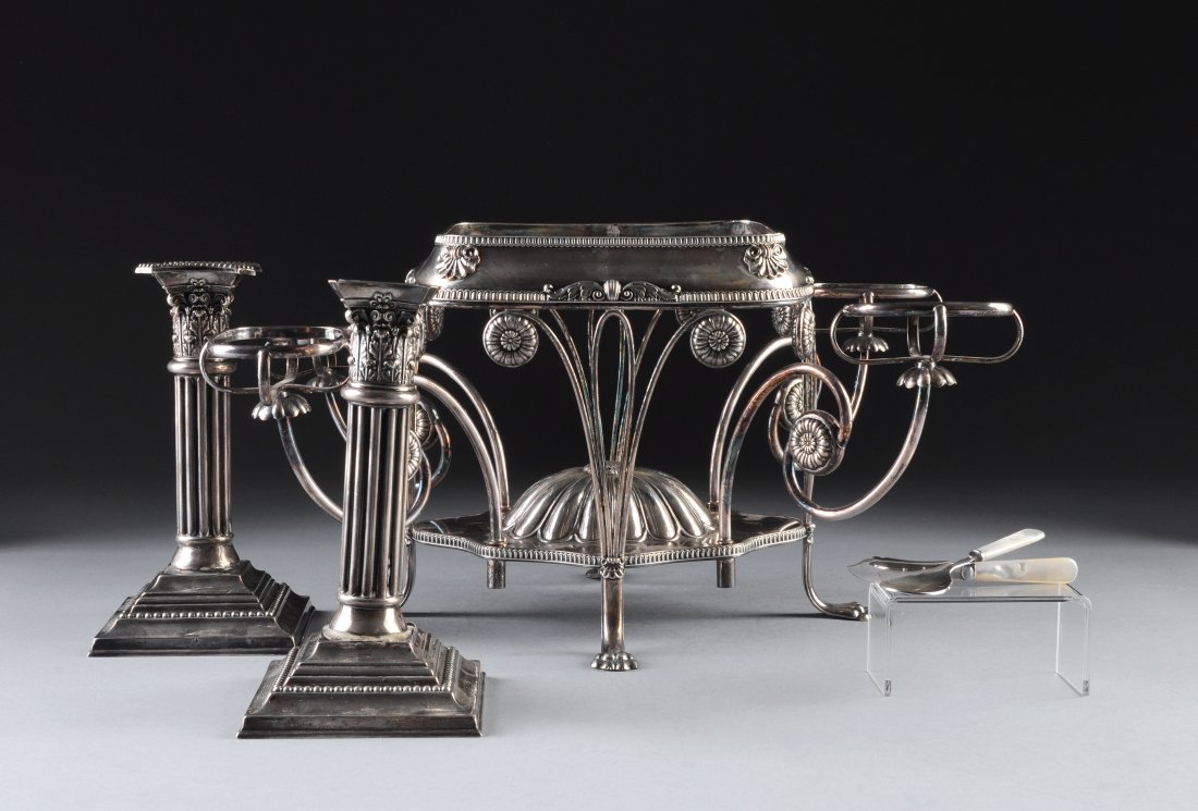 AN ASSEMBLED GROUP OF FIVE SILVER-PLATED AND STERLING T: AN ASSEMBLED GROUP OF FIVE SILVER-PLATED AND STERLING TABLE TOP ITEMS, comprised of an English Sheffield plated diminutive pearl handled spoon and knife in fitted case; a pair of American sterling hol