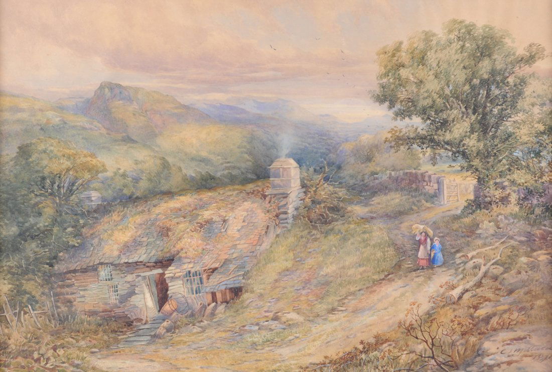 CHARLES STUART MILLARD, R.A. (Canadian 1827-1917) A PAI: CHARLES STUART MILLARD, R.A. (Canadian 1827-1917) A PAINTING, "Cottage in the Hills," watercolor on paper, signed and dated 1871 L/R. 19" x 28 1/2". Framed.