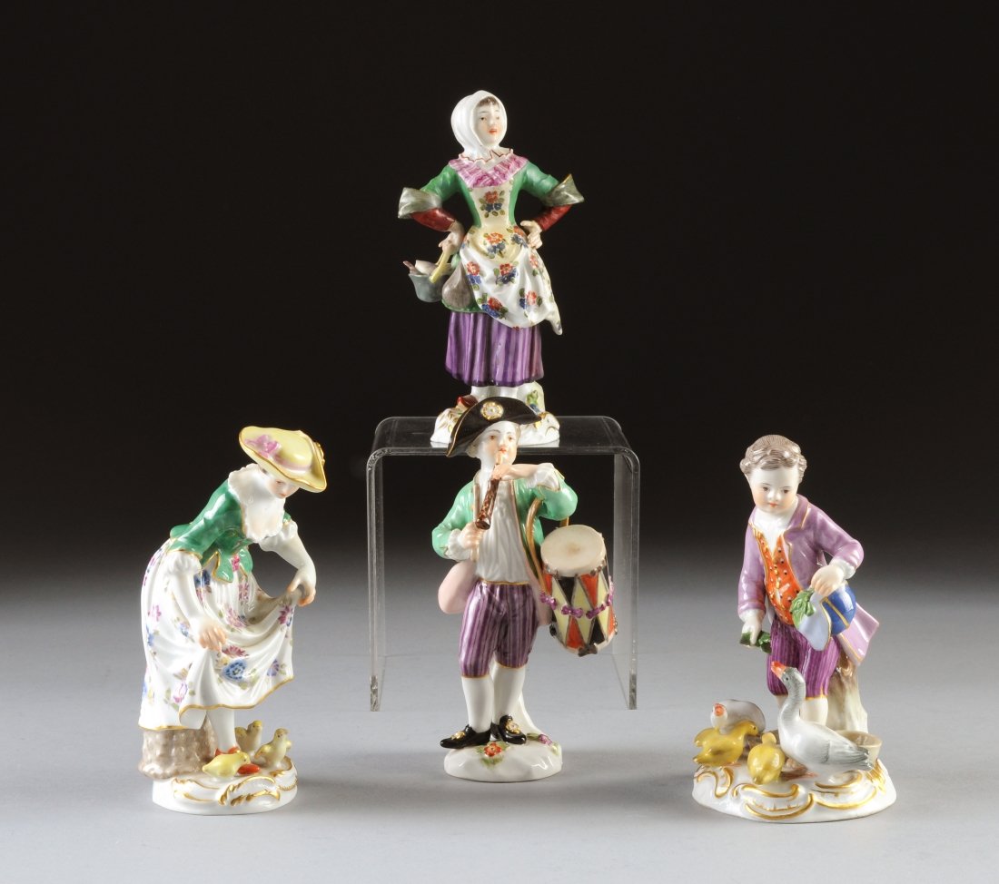 A GROUP OF FOUR MEISSEN POLYCHROME PAINTED FIGURES, BLU: A GROUP OF FOUR MEISSEN POLYCHROME PAINTED FIGURES, BLUE CROSSED SWORDS MARK, VARIOUS INCISED AND IMPRESSED NUMBERS, LATE 19TH/EARLY 20TH CENTURY, composed of a pair of provincial maidens wearing trad